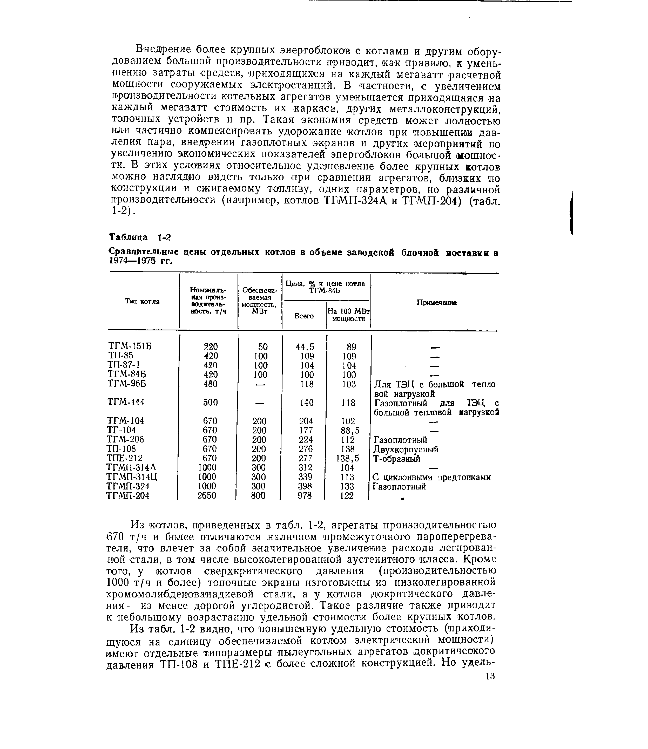 Внедрение более крупных энергоблоков с котлами и другим оборудованием большой производительности. приводит, как правило, к уменьшению затраты средств, приходящихся на каждый -мегаватт расчетной мощности сооружаемых электростанций. В частности, с увеличением производительности котельных агрегатов уменьшается приходящаяся на каждый мегаватт стоимость их каркаса, других металлоконструкций, топочных устройств и пр. Такая экономия средств Может полностью или частично -компенсировать удорожание котлов гари повышении давления пара, внедрении газоплотных экранов и других мероприятий по увеличению экономических показателей энергоблоков большой мощности. В этих условиях относительное удешевление более крупных котлов можно наглядно видеть только при сравнении агрегатов, близких по конструкции и сжигаемому топливу, одних параметров, но различной производительности (например, котлов ТГМ.П-324А и ТГМП-204) (табл.
