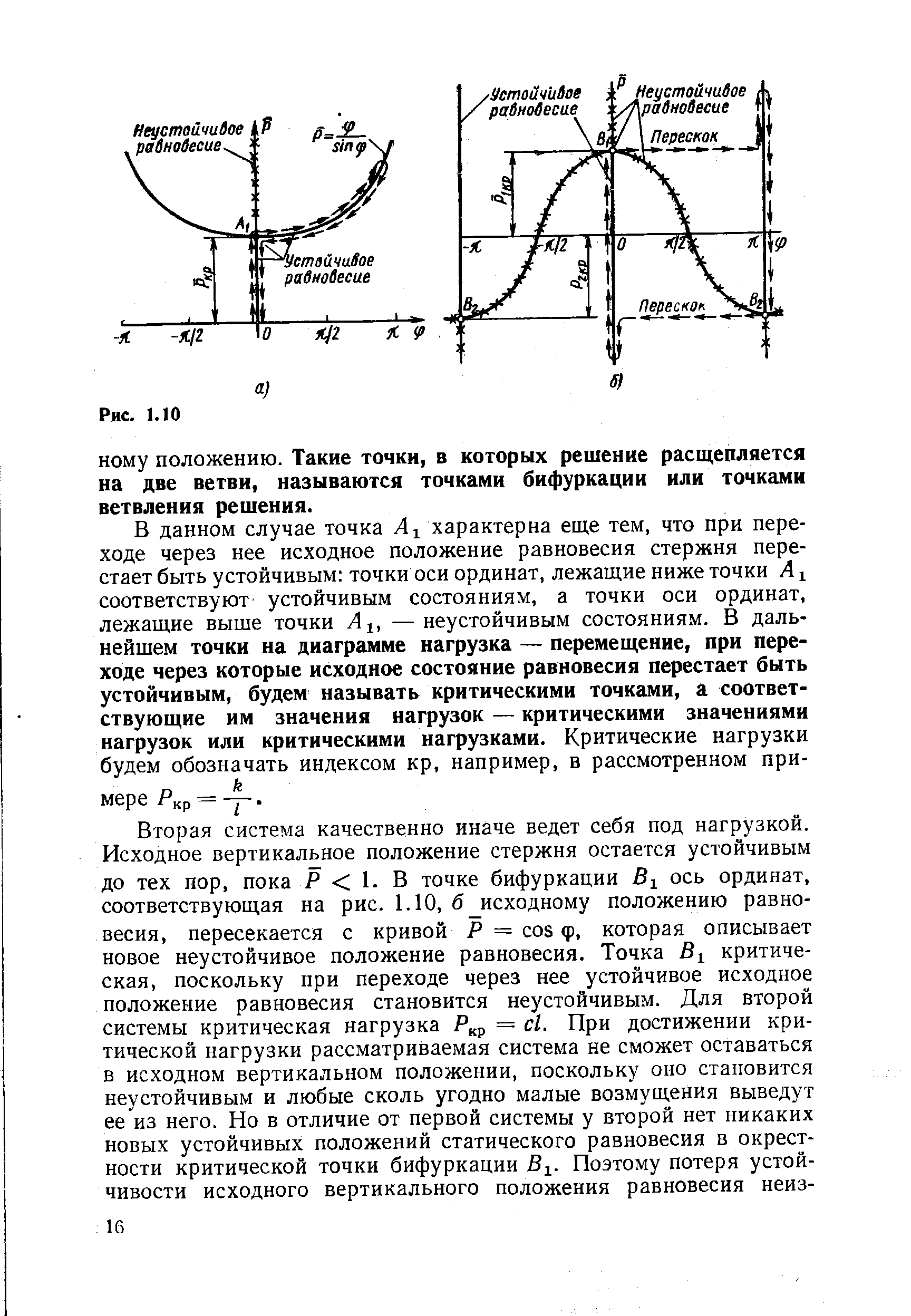 В данном случае точка характерна еще тем, что при переходе через нее исходное положение равновесия стержня перестает быть устойчивым точки оси ординат, лежащие ниже точки А i соответствуют устойчивым состояниям, а точки оси ординат, лежащие выше точки А , — неустойчивым состояниям. В дальнейшем точки на диаграмме нагрузка — перемещение, при переходе через которые исходное состояние равновесия перестает быть устойчивым, будем называть критическими точками, а соответствующие им значения нагрузок — критическими значениями нагрузок или критическими нагрузками. Критические нагрузки будем обозначать индексом кр, например, в рассмотренном примере Ркр=- .
