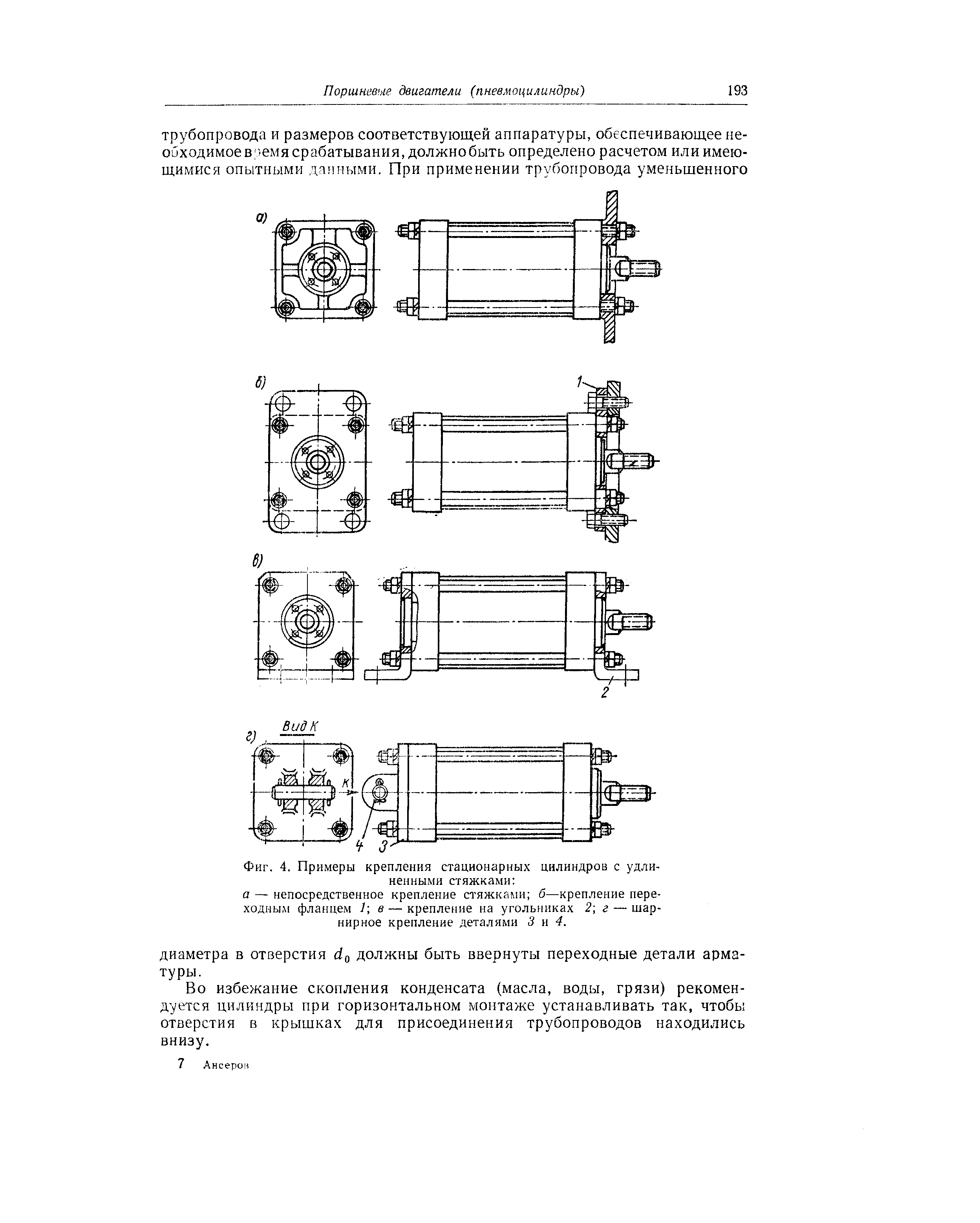 Фиг. 4. <a href="/info/255436">Примеры крепления</a> стационарных цилиндров с удлиненными стяжками а — непосредственное крепление стяжками б—крепление переходным фланцем 1 в — крепление на угольниках 2 г — шарнирное крепление деталями 3 и 4.
