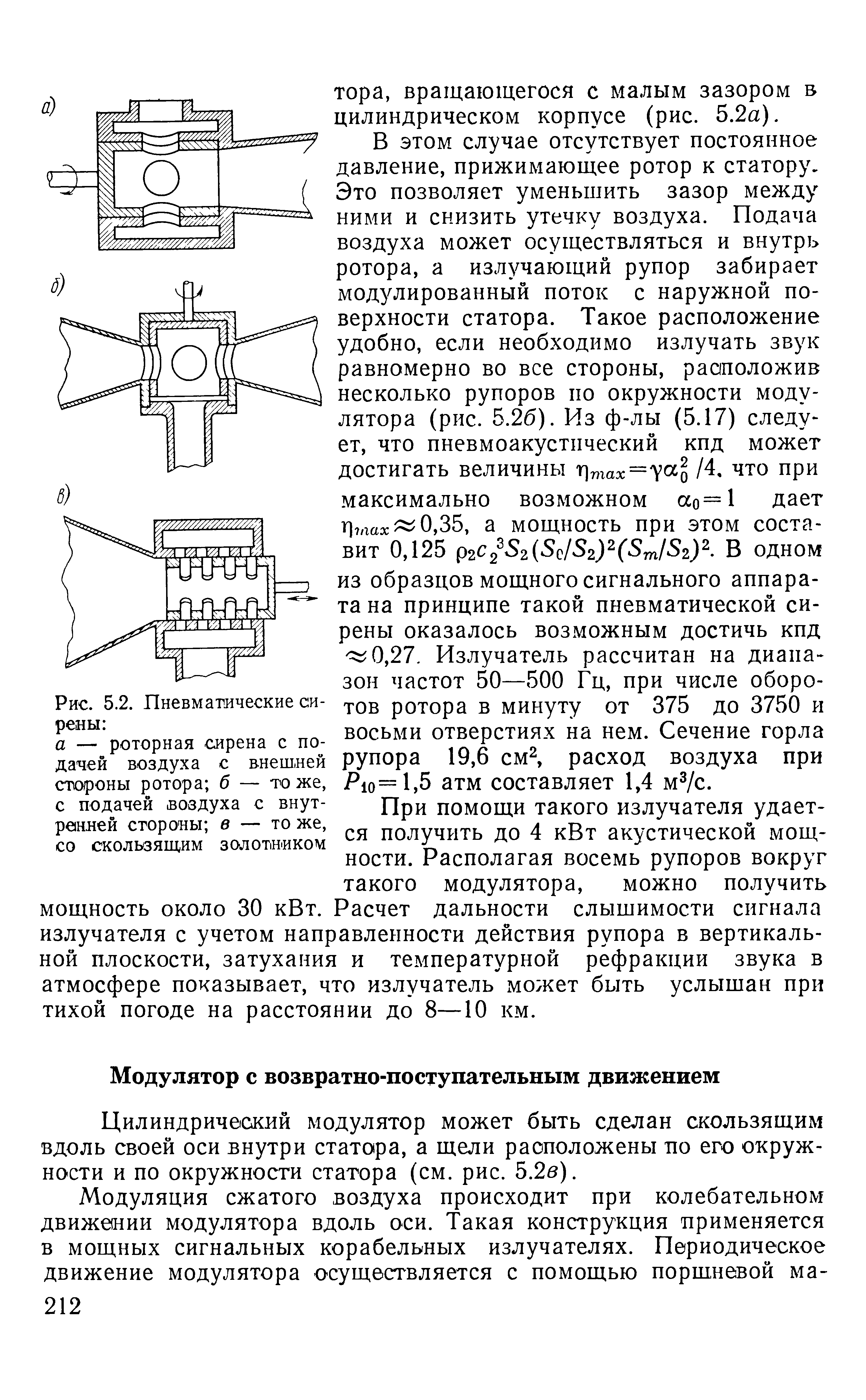 Цилиндрический модулятор может быть сделан скользящим вдоль своей оси внутри статора, а щели расположены по его окружности и по окружности статора (см. рис. 5.2в).
