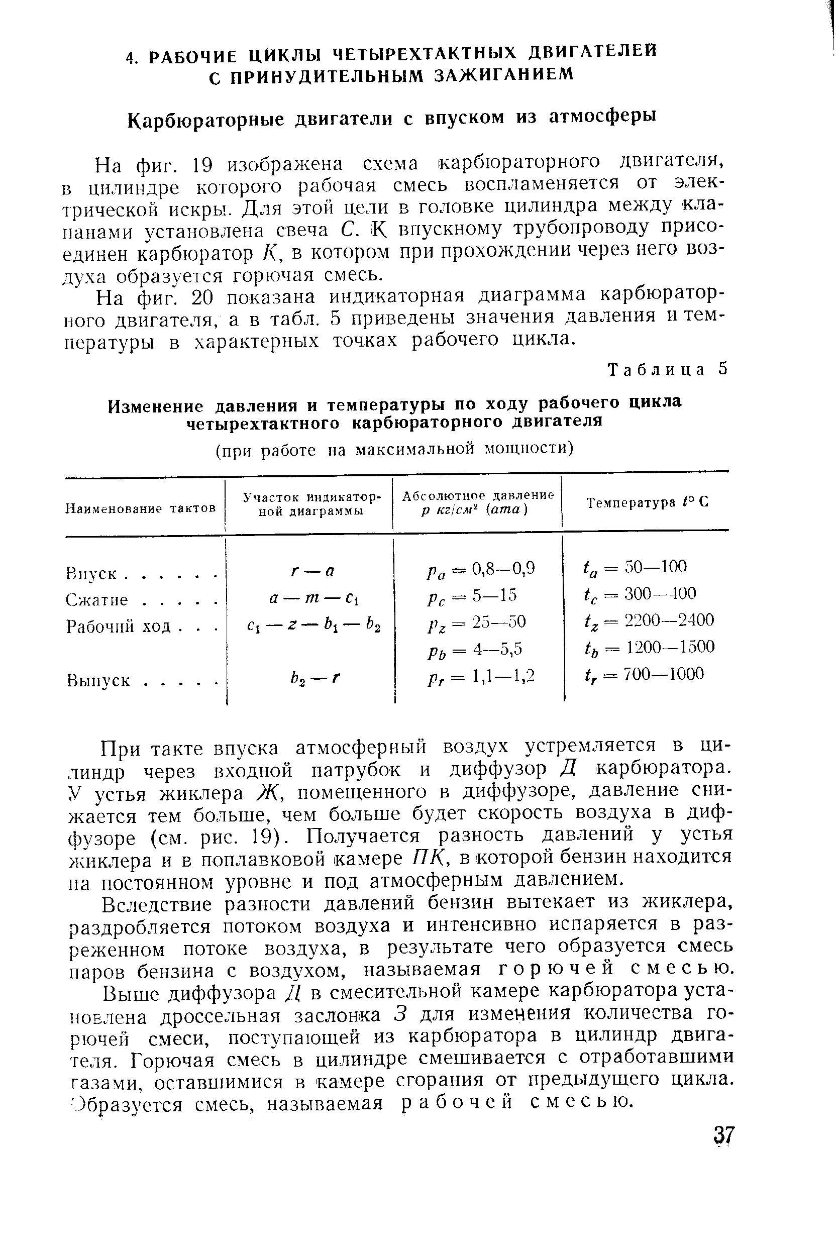 На фиг. 19 изображена схема карбюраторного двигателя, в цилиндре которого рабочая смесь воспламеняется от электрической искры. Для этой цели в головке цилиндра между клапанами установлена свеча С. К впускному трубопроводу присоединен карбюратор К, в котором при прохождении через него воздуха образуется горючая смесь.
