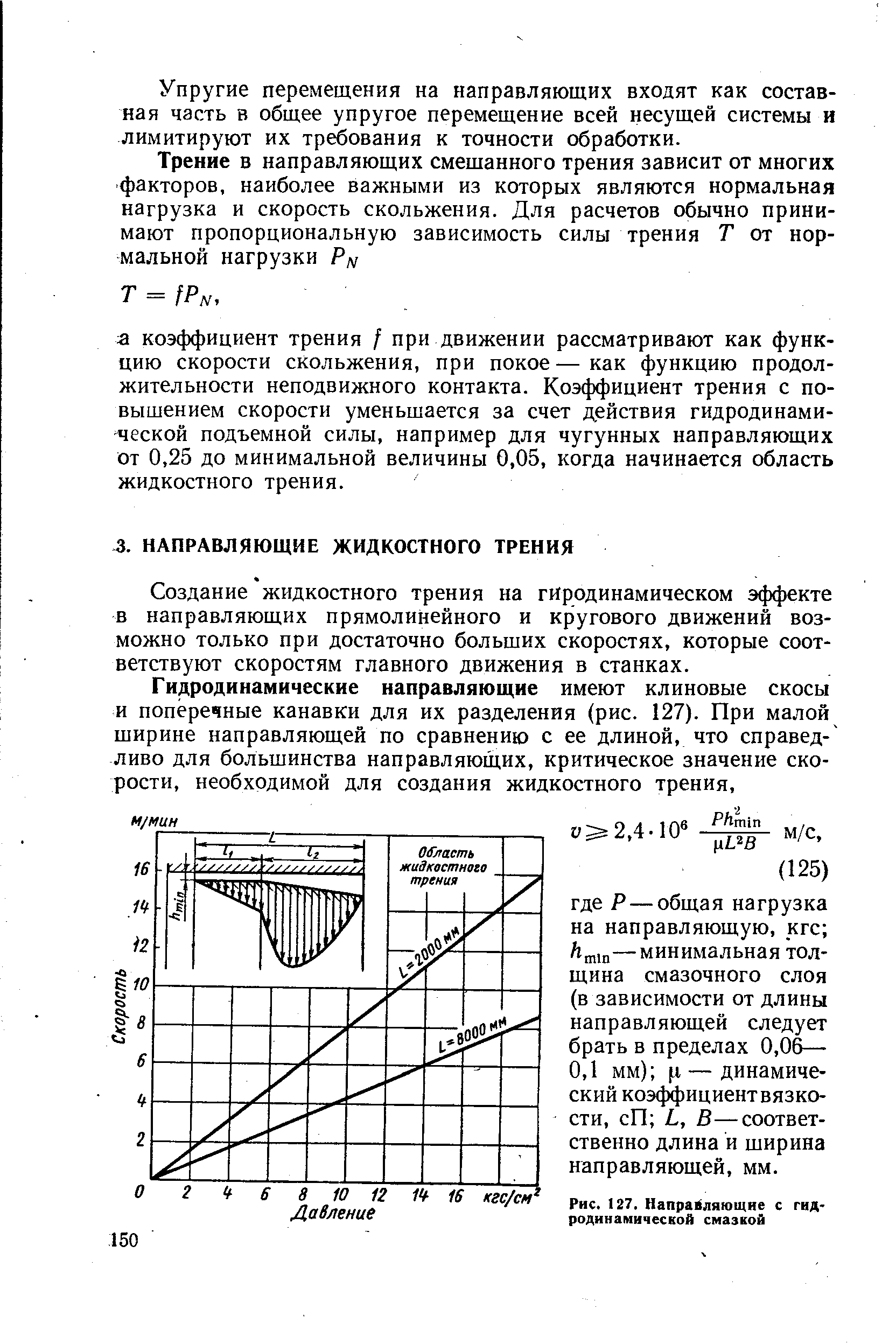 Создание жидкостного трения на гйродинамическом эффекте в направляющих прямолинейного и кругового движений возможно только при достаточно больших скоростях, которые соответствуют скоростям главного движения в станках.
