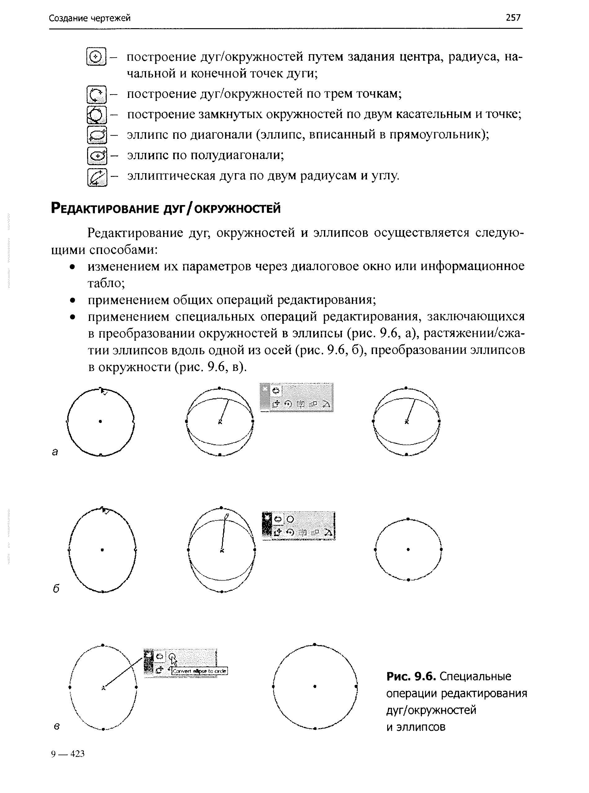 Рис. 9.6. Специальные операции редактирования дуг/окружностей и эллипсов

