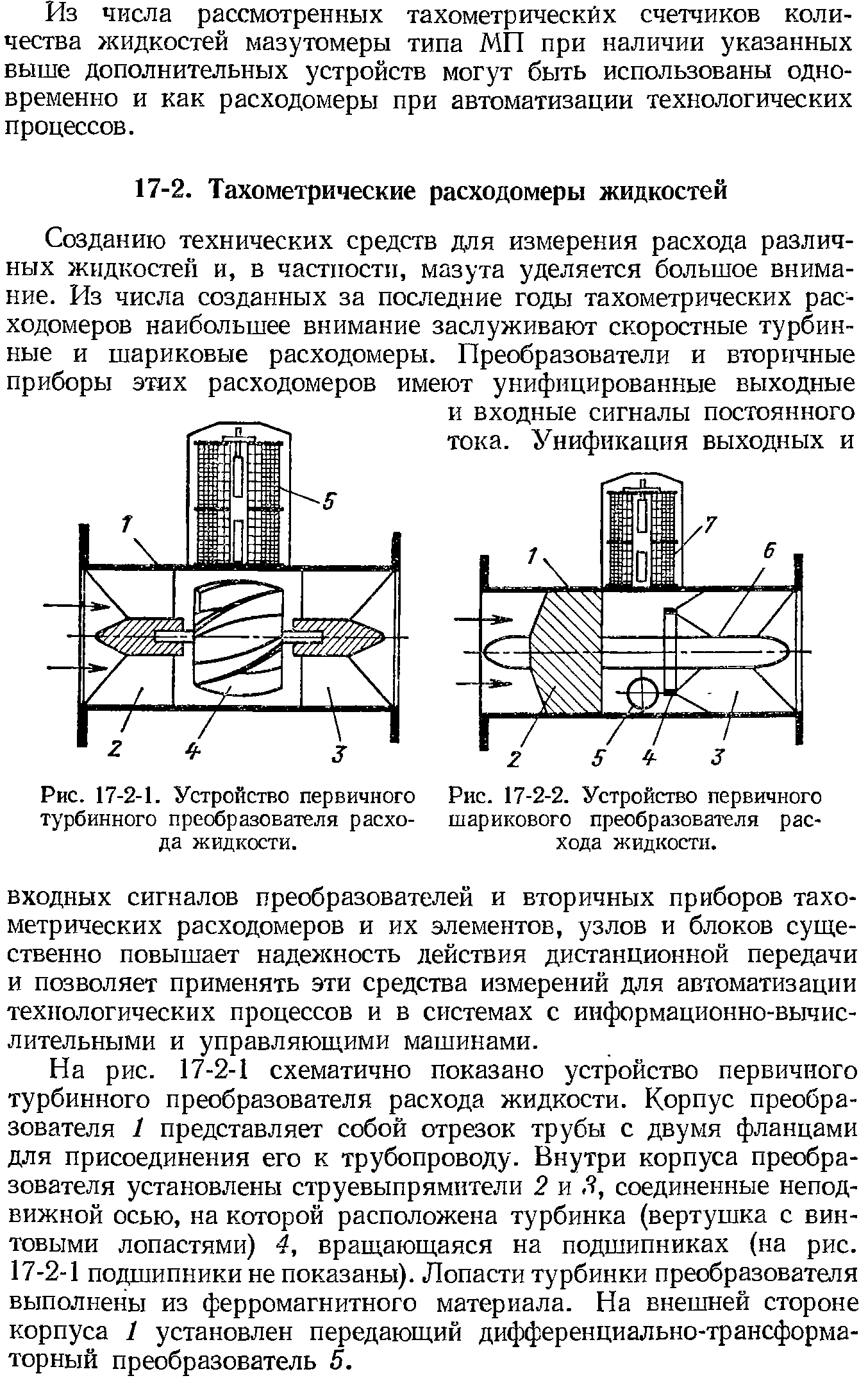 На рис. 17-2-1 схематично показано устройство первичного турбинного преобразователя расхода жидкости. Корпус преобразователя 1 представляет собой отрезок трубы с двумя фланцами для присоединения его к трубопроводу. Внутри корпуса преобразователя установлены струевьшрямители 2 и Я, соединенные неподвижной осью, на которой расположена турбинка (вертушка с винтовыми лопастями) 4, вращающаяся на подшипниках (на рис.
