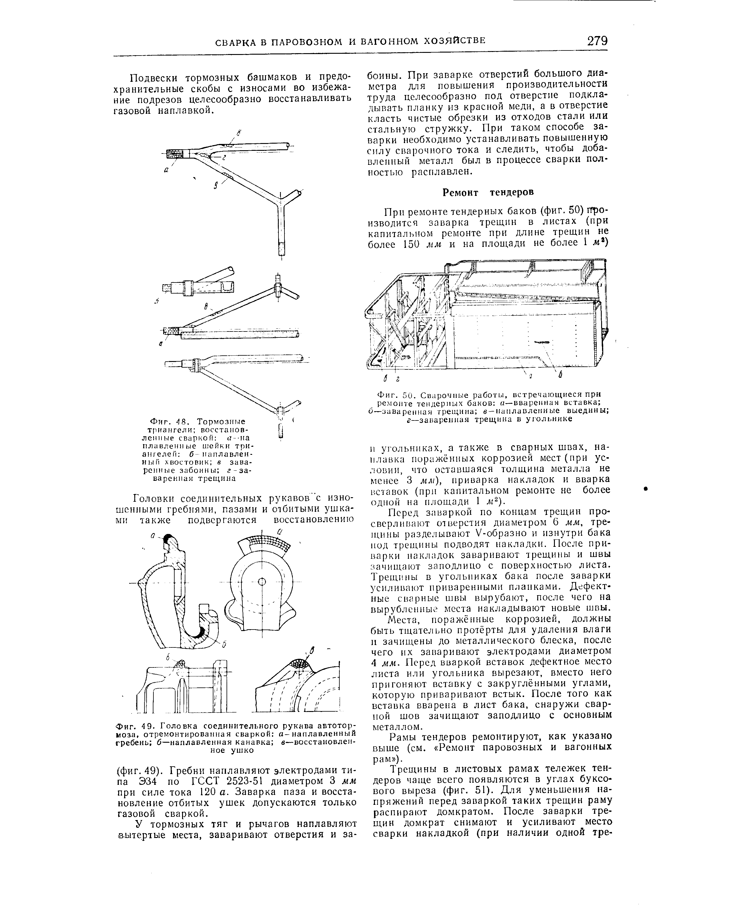 Фиг. 48. Тормозные триангели восстанов-лелные сваркой а- иа плавленные и ейки триангелей б наплавленным хвостовик в заваренные забоины г-за-варенная трещила
