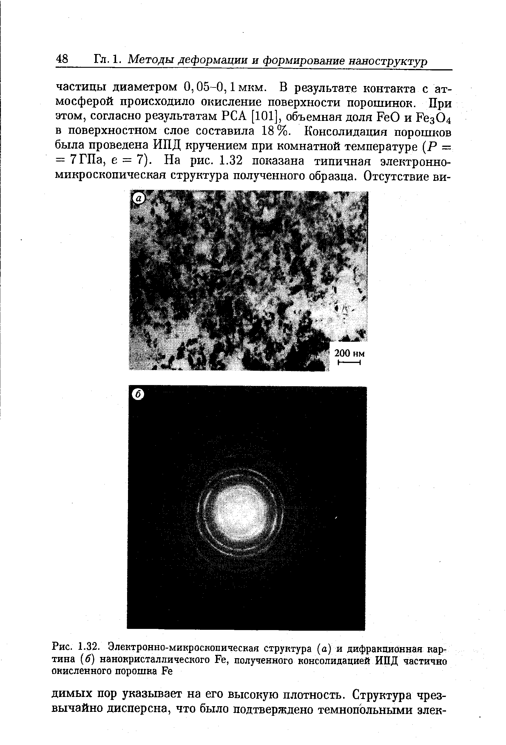 Рис. 1.32. Электронно-микроскопическая структура (а) и <a href="/info/192131">дифракционная картина</a> [6) нанокристаллического Fe, полученного консолидацией ИПД частично окисленного порошка Fe
