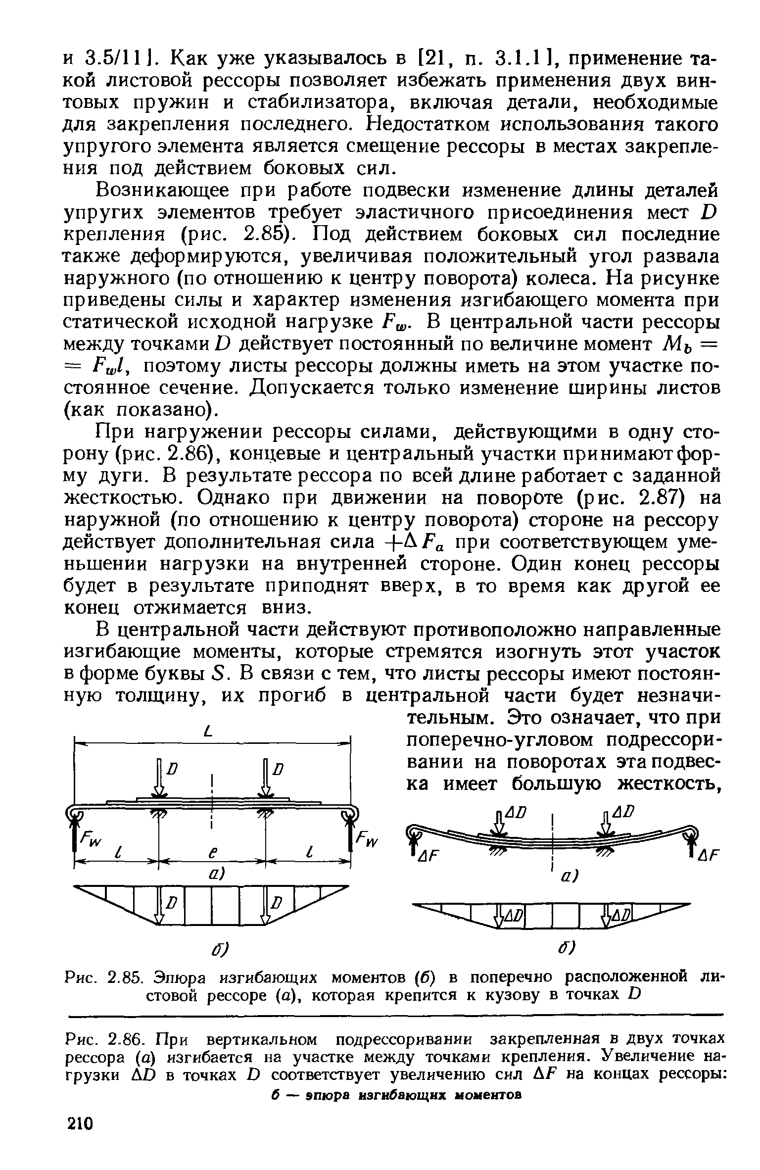 Рис. 2.85. Эпюра изгибающих моментов (б) в поперечно расположенной <a href="/info/159139">листовой рессоре</a> (а), которая крепится к кузову в точках О
