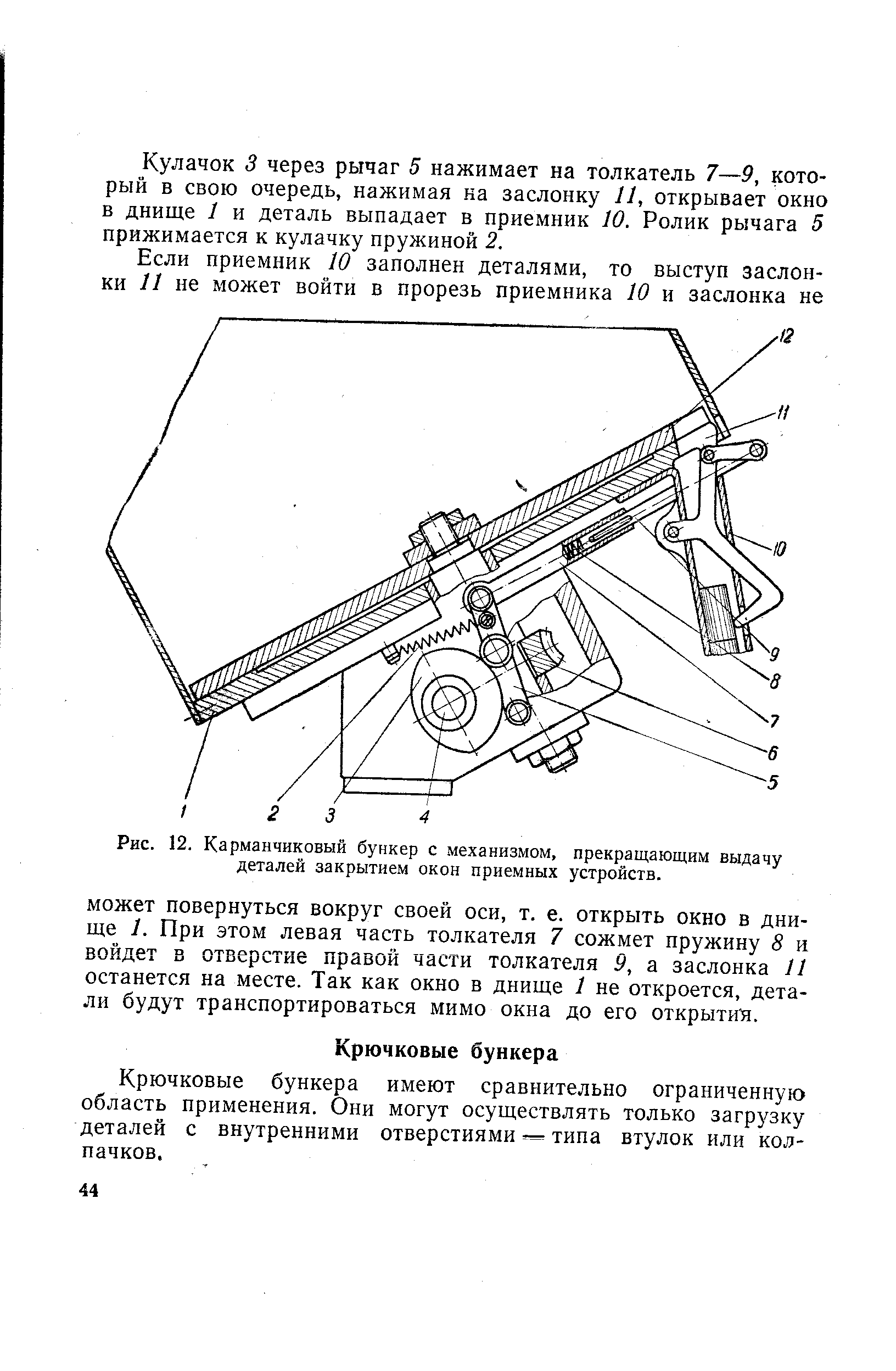 Рис. 12. Карманчиковый бункер с механизмом, прекращающим выдачу деталей закрытием окон приемных устройств.
