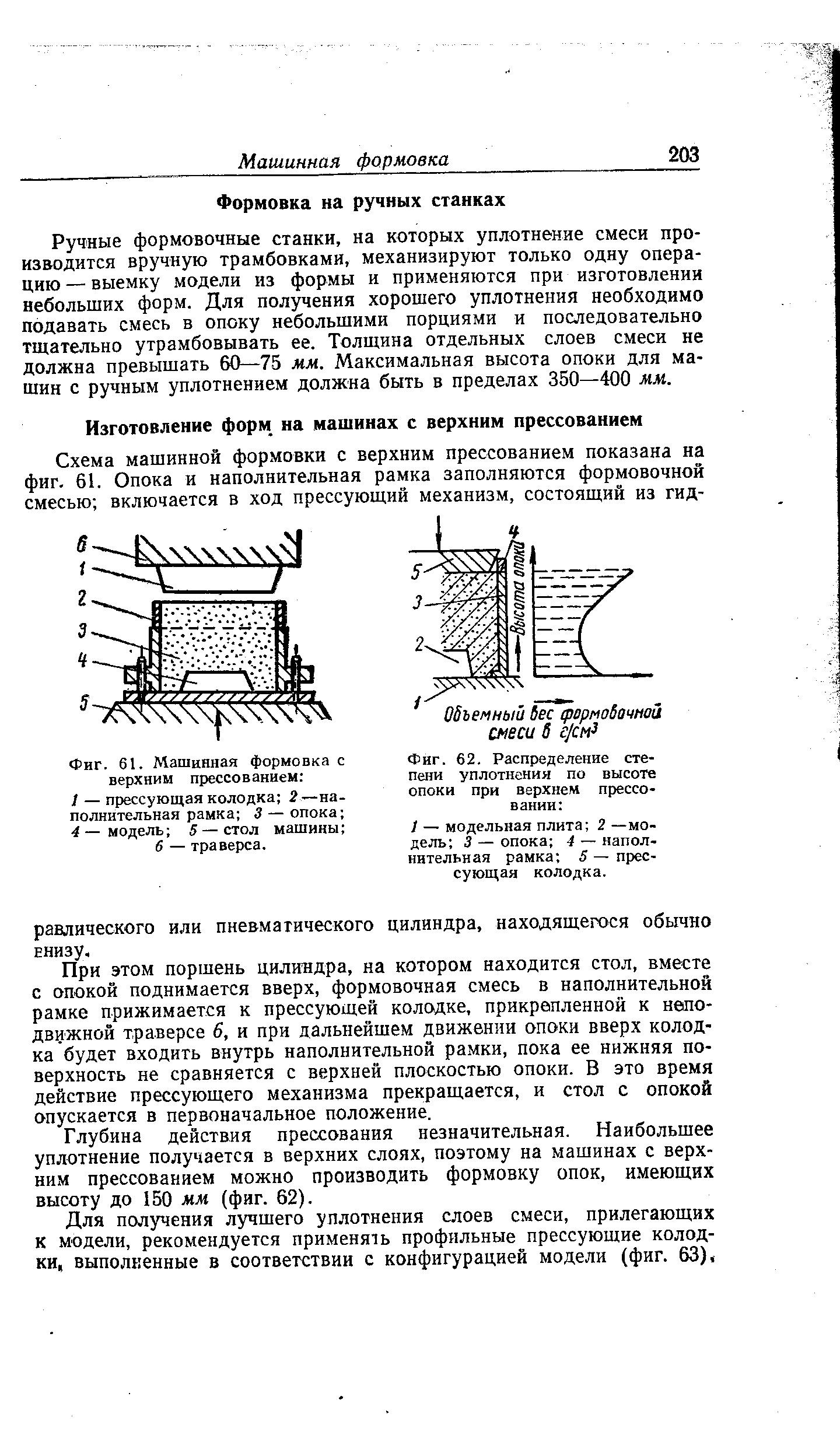 При этом поршень цилиндра, на котором находится стол, вместе с опокой поднимается вверх, формовочная смесь в наполнительной рамке прижимается к прессующей колодке, прикрепленной к неподвижной траверсе 6, и при дальнейшем движении опоки вверх колодка будет входить внутрь наполнительной рамки, пока ее нижняя поверхность не сравняется с верхней плоскостью опоки. В это время действие прессующего механизма прекращается, и стол с опокой опускается в первоначальное положение.
