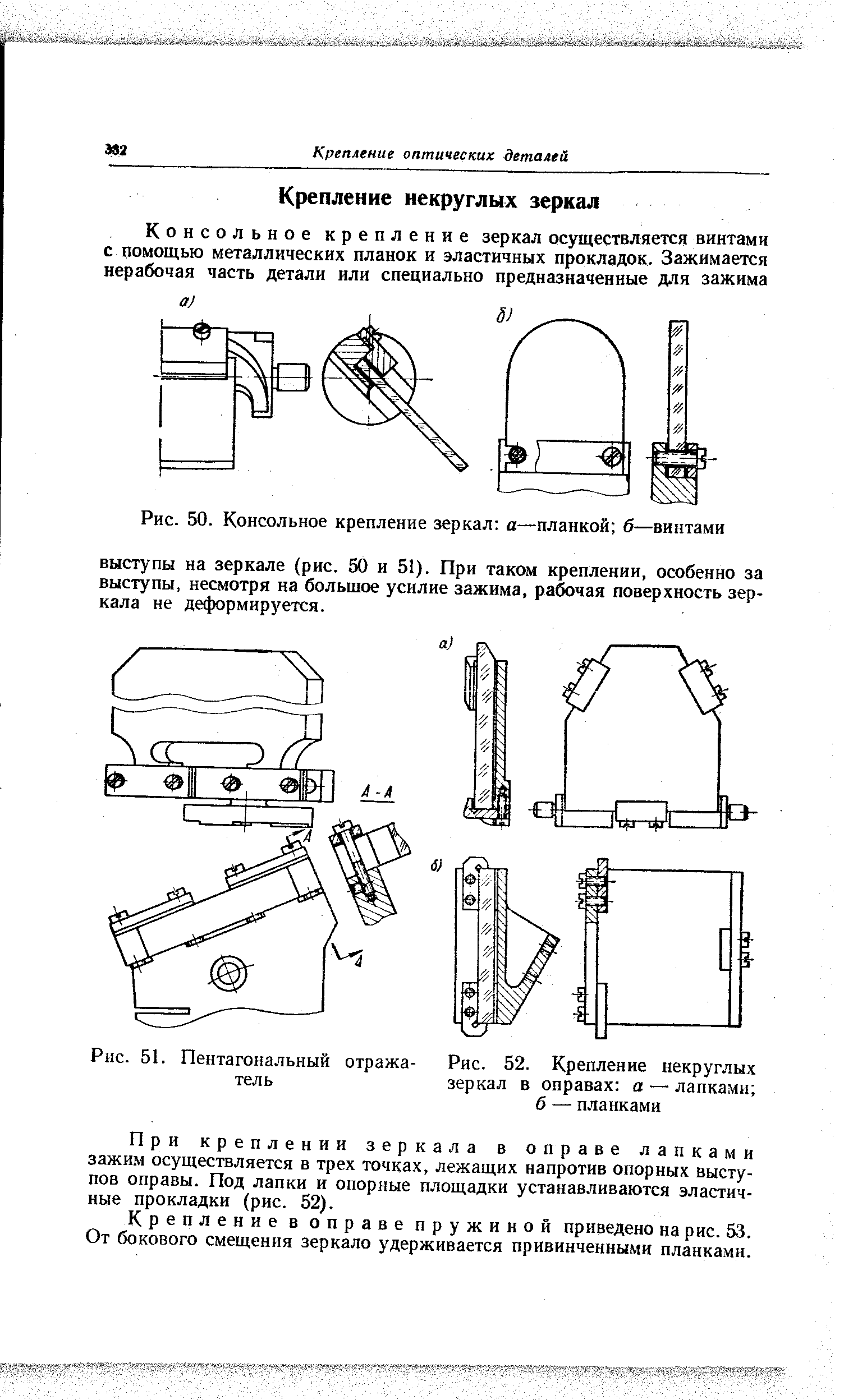 При креплении зеркала в оправе лапками зажим осуществляется в трех точках, лежащих напротив опорных выступов оправы. Под лапки и опорные площадки устанавливаются эластичные прокладки (рис. 52).
