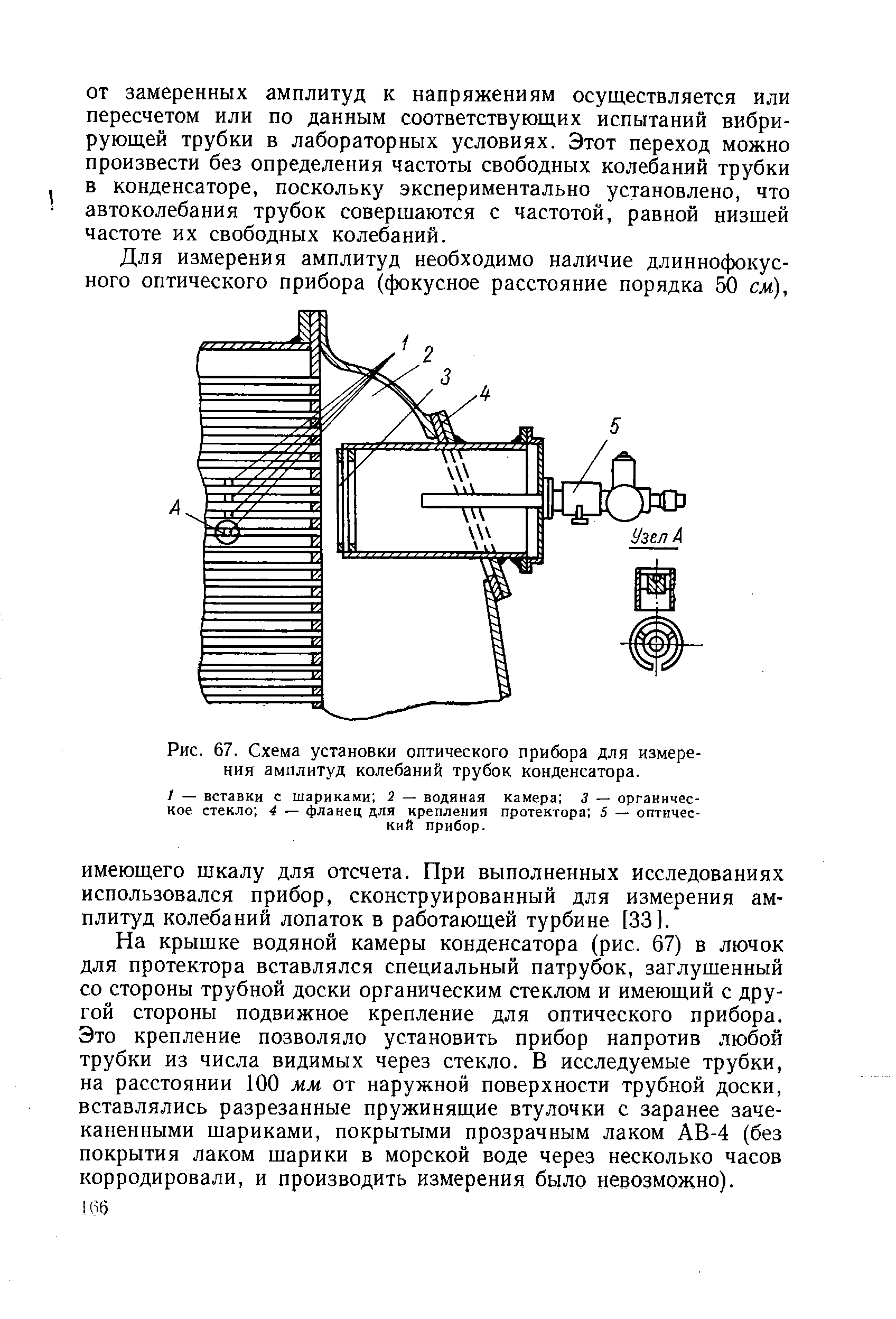 Рис. 67. Схема установки <a href="/info/3186">оптического прибора</a> для измерения амплитуд колебаний трубок конденсатора.
