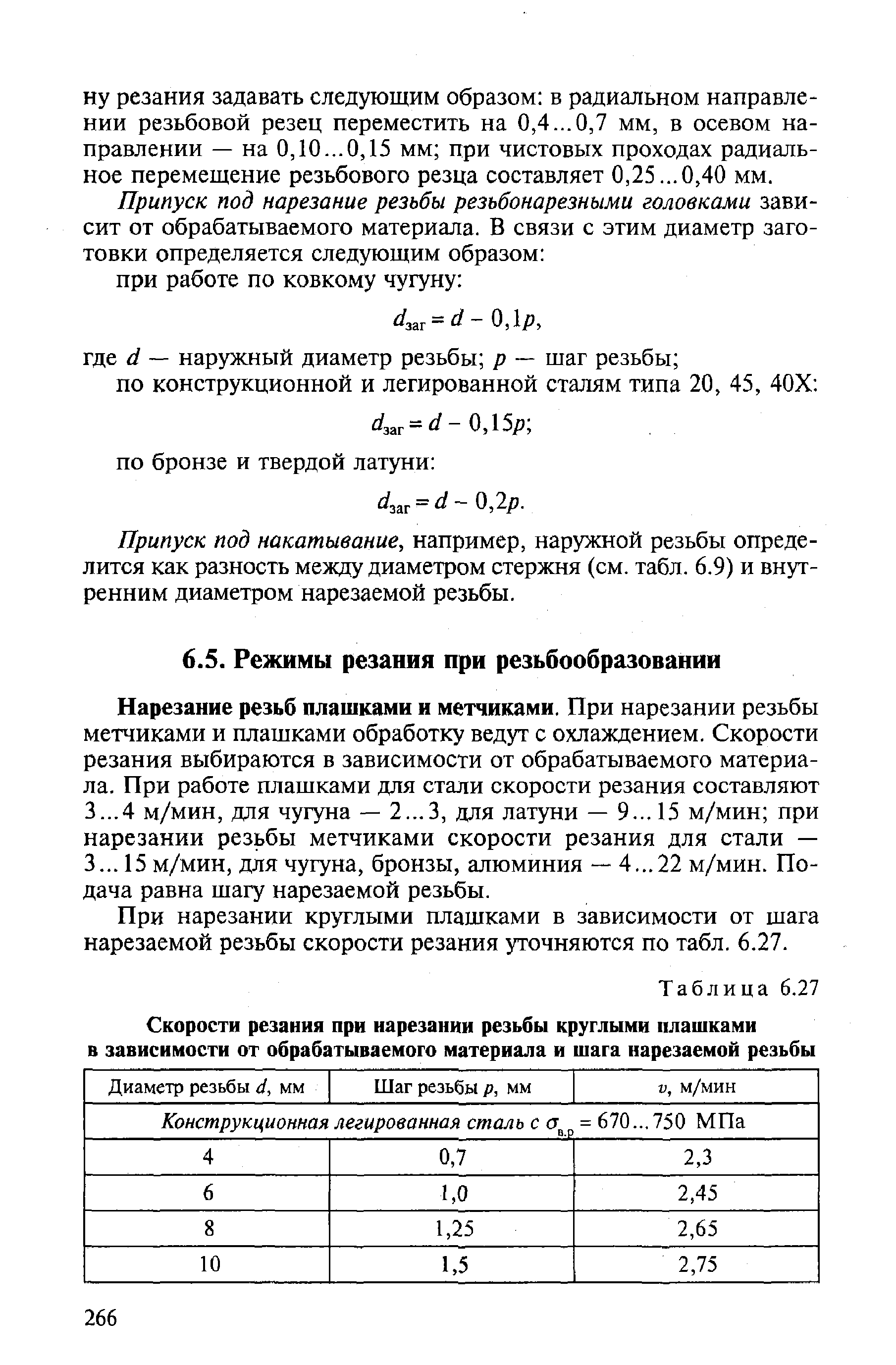 При нарезании круглыми плашками в зависимости от шага нарезаемой резьбы скорости резания уточняются по табл. 6.27.
