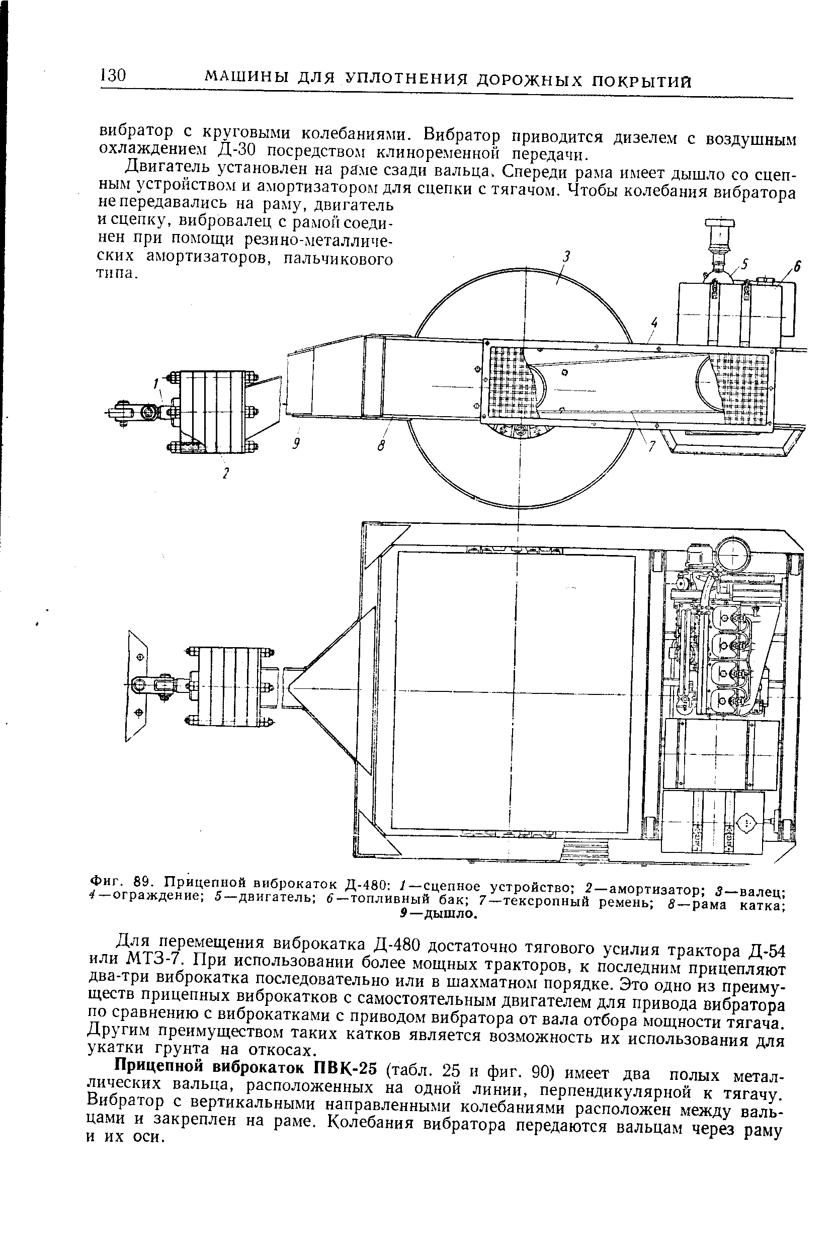 Фиг. 89. Прицепной виброкаток Д-480 1—<a href="/info/205518">сцепное устройство</a> 2 — амортизатор 3—валец 4 —ограждение 5—двигатель й —топливный бак 7—тексропный ремень в —рама катка 
