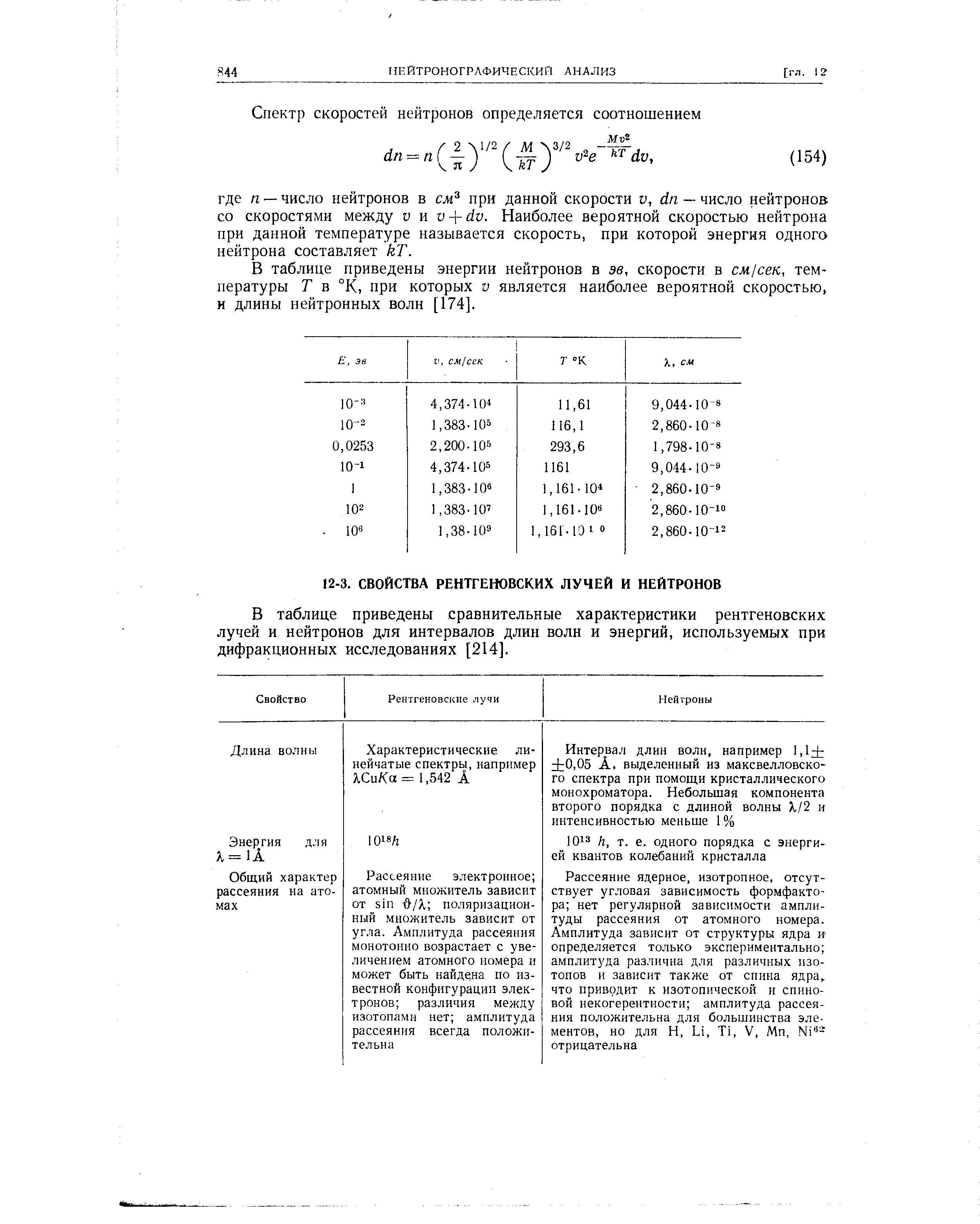 В таблице приведены сравнительные характеристики рентгеновских лучей и нейтронов для интервалов длин волн и энергий, используемых при дифракционных исследованиях [214].
