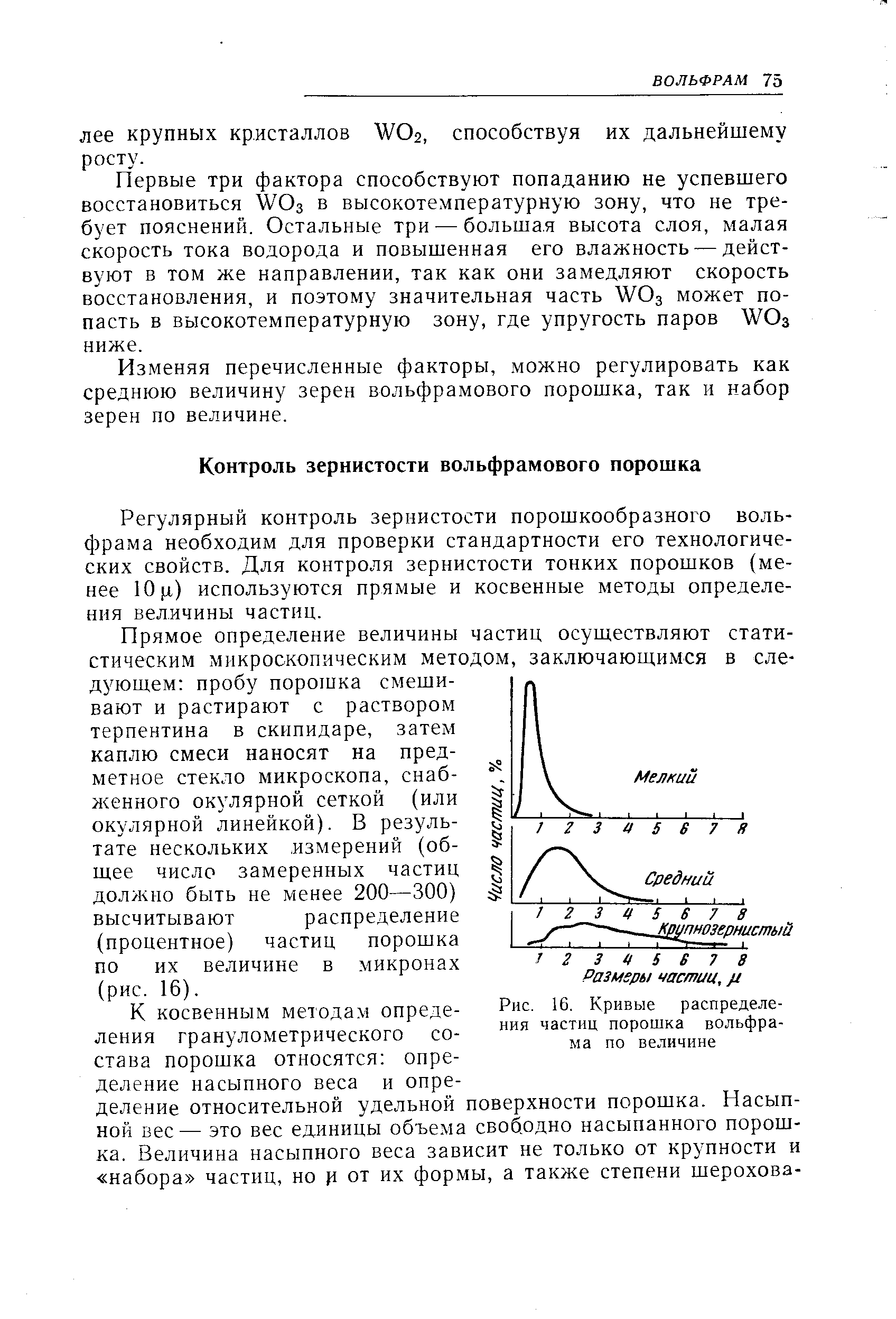 Регулярный контроль зернистости порошкообразного вольфрама необходим для проверки стандартности его технологических свойств. Для контроля зернистости тонких порошков (менее 10 р.) используются прямые и косвенные методы определения величины частиц.
