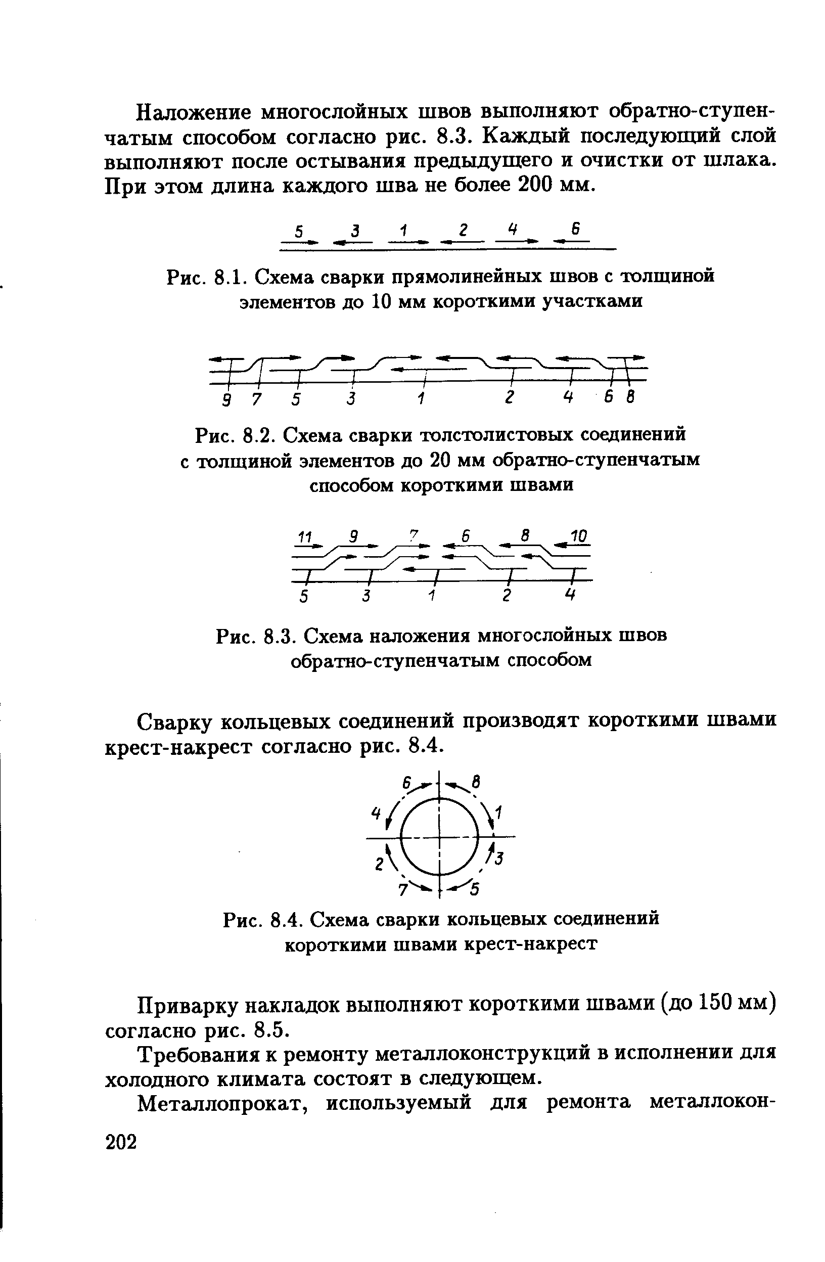 Рис. 8.2. Схема сварки толстолистовых соединений с толщиной элементов до 20 мм обратно-ступенчатым способом короткими швами
