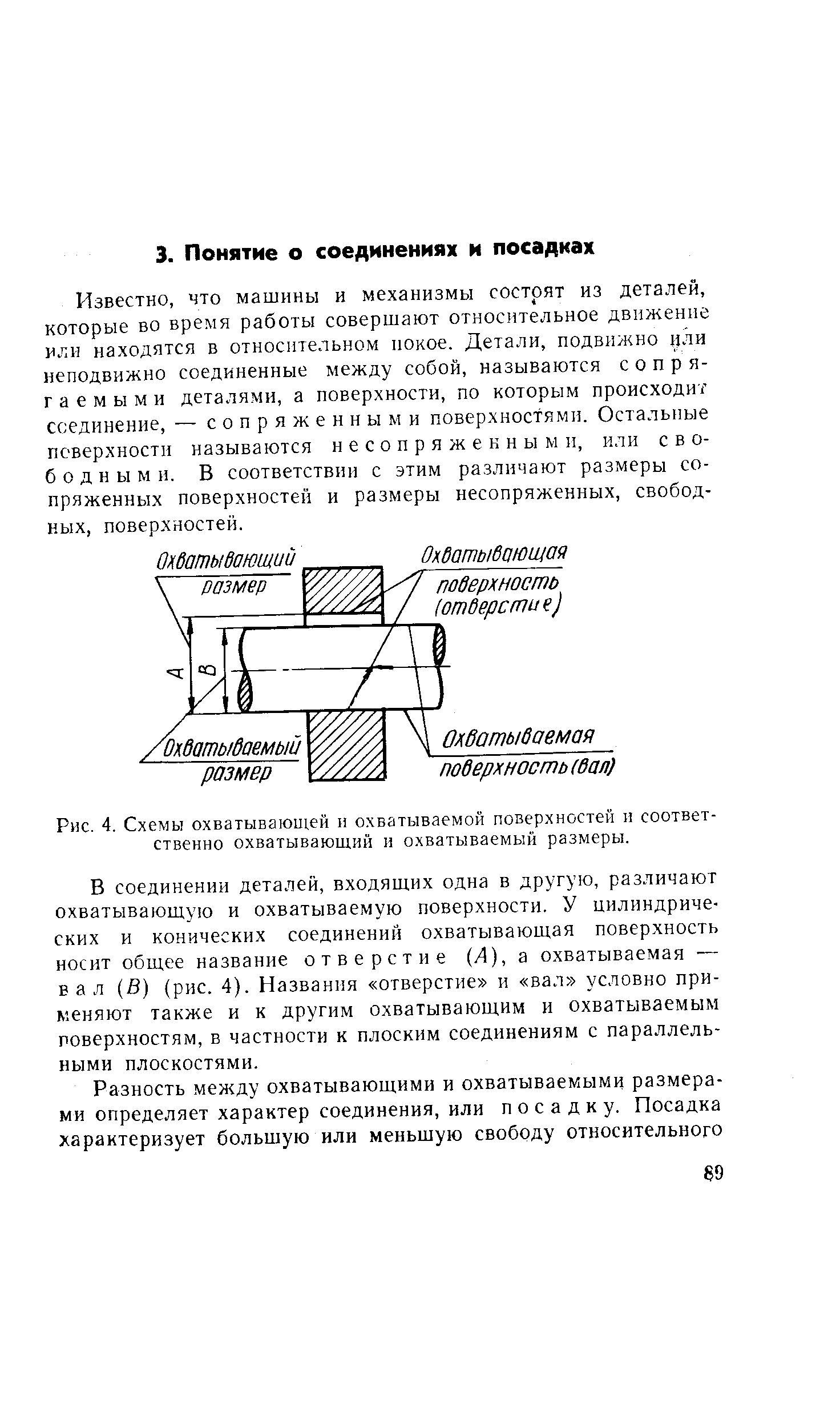 Известно, что машины и механизмы сострят из деталей, которые во время работы совершают относительное движение или находятся в относительном иокое. Детали, подвижно или неподвижно соединенные между собой, называются сопрягаемыми деталями, а поверхности, по которым происходит соединение, — сопряженными поверхностями. Остальные поверхности называются и е с о и р я ж е н н ы м п, или свободными. В соответствии с этим различают размеры сопряженных поверхностей и размеры несопряженных, свободных, поверхностей.
