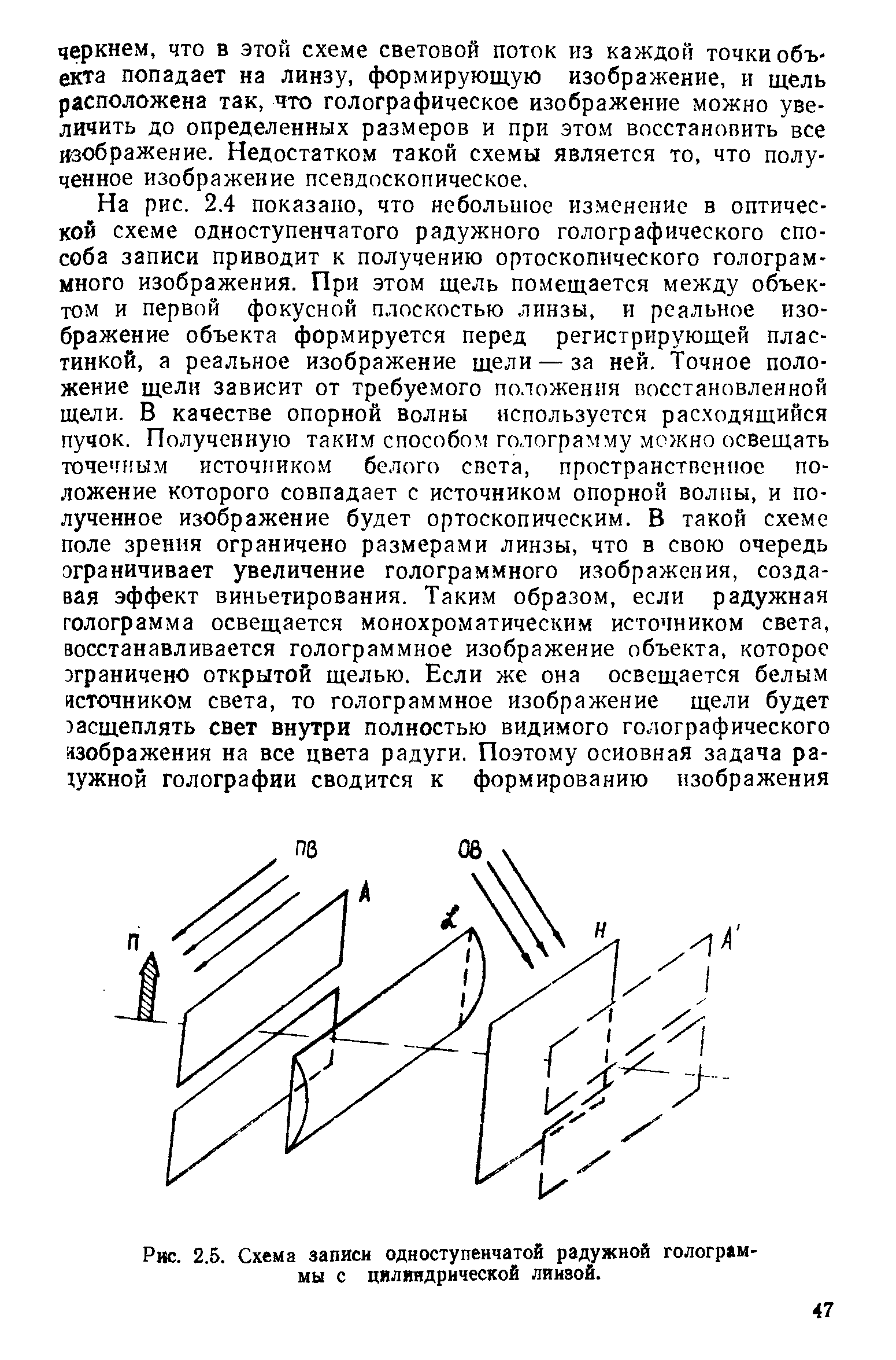 Рис. 2.5. Схема записи одноступенчатой радужной голограммы с цилиндрической линзой.
