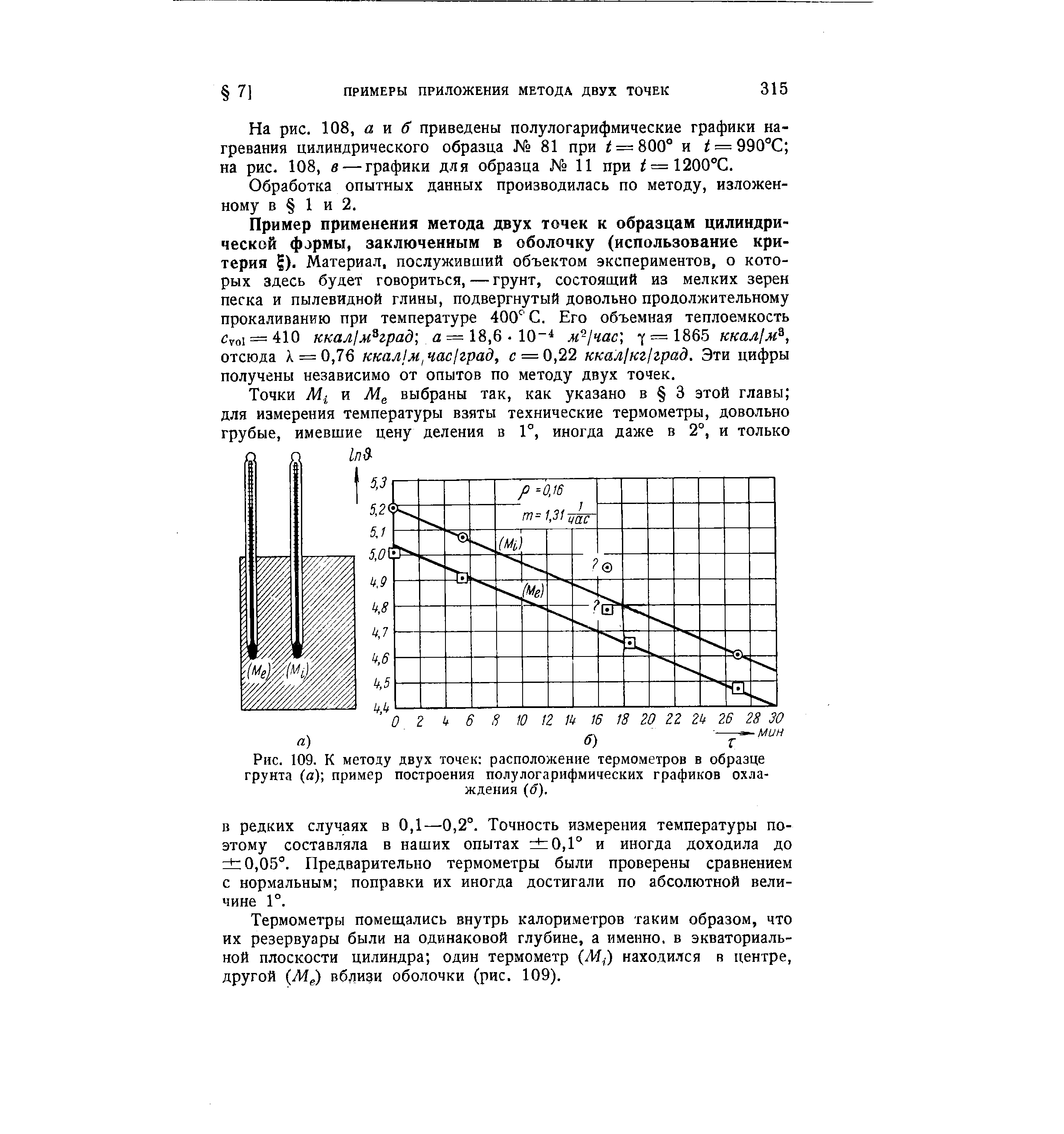 Рис. 109. К методу двух точек расположение термометров в образце грунта (а) <a href="/info/620604">пример построения</a> полулогарифмических графиков охлаждения (б).
