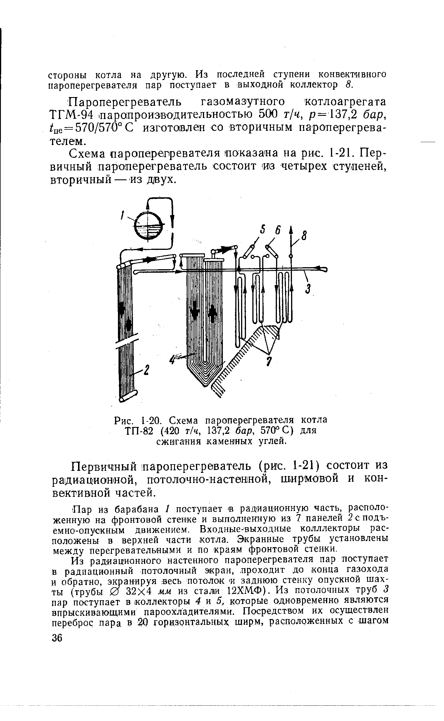Рис. 1-20. Схема пароперегревателя котла ТП-82 (420 т/ч, 137,2 бар, 570° С) для сжигания каменных углей.
