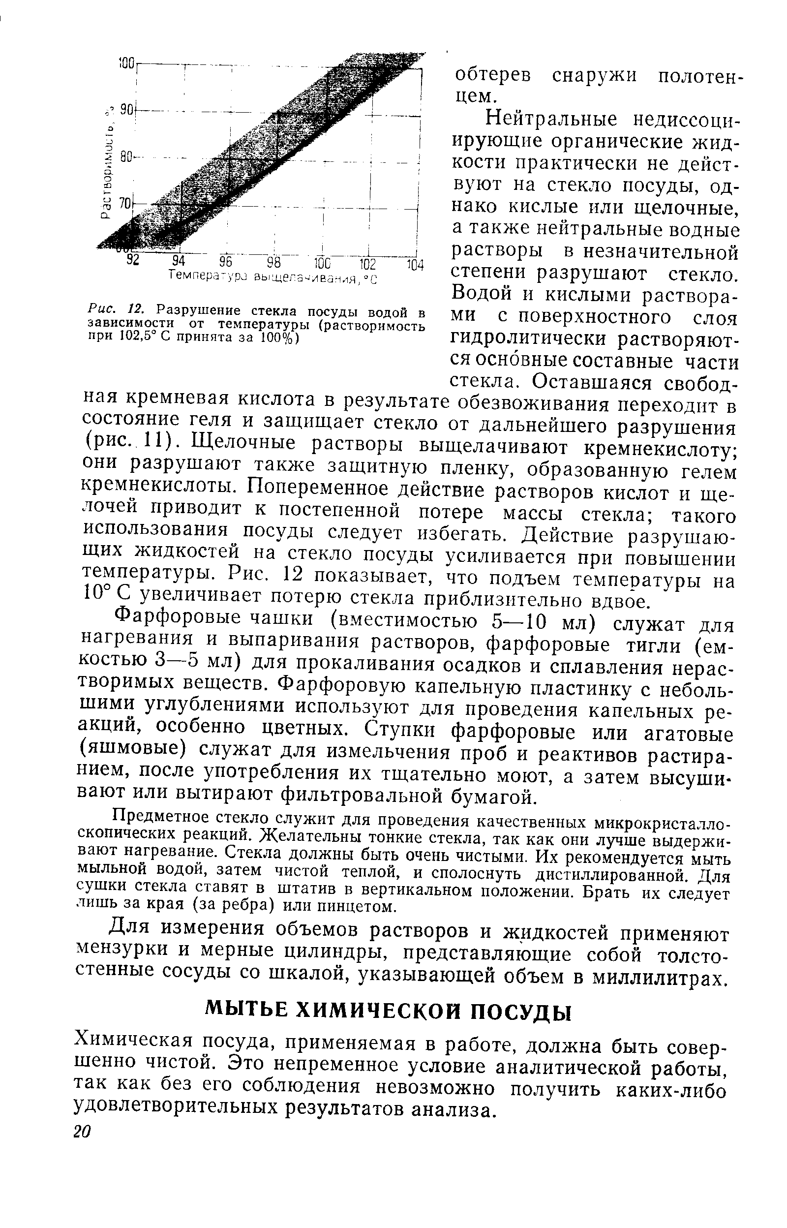 Химическая посуда, применяемая в работе, должна быть совершенно чистой. Это непременное условие аналитической работы, так как без его соблюдения невозможно получить каких-либо удовлетворительных результатов анализа.
