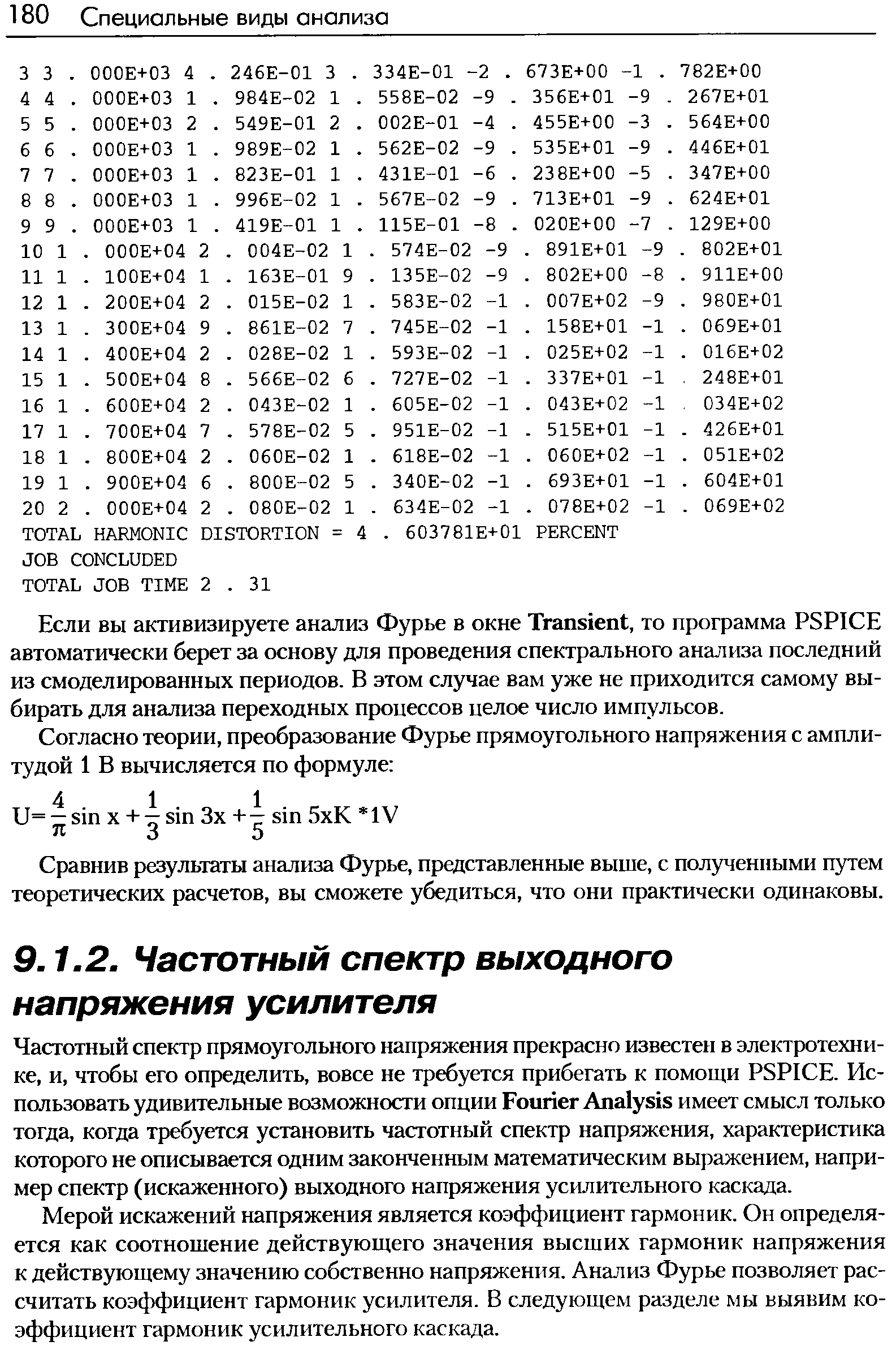 Мерой искажений напряжения является коэффициент гармоник. Он определяется как соотношение действующего значения высших гармоник напряжения к действующему значению собственно напряжения. Анализ Фурье позволяет рассчитать коэффициент гармоник усилителя. В следующем разделе мы выявим коэффициент гармоник усилительного каскада.
