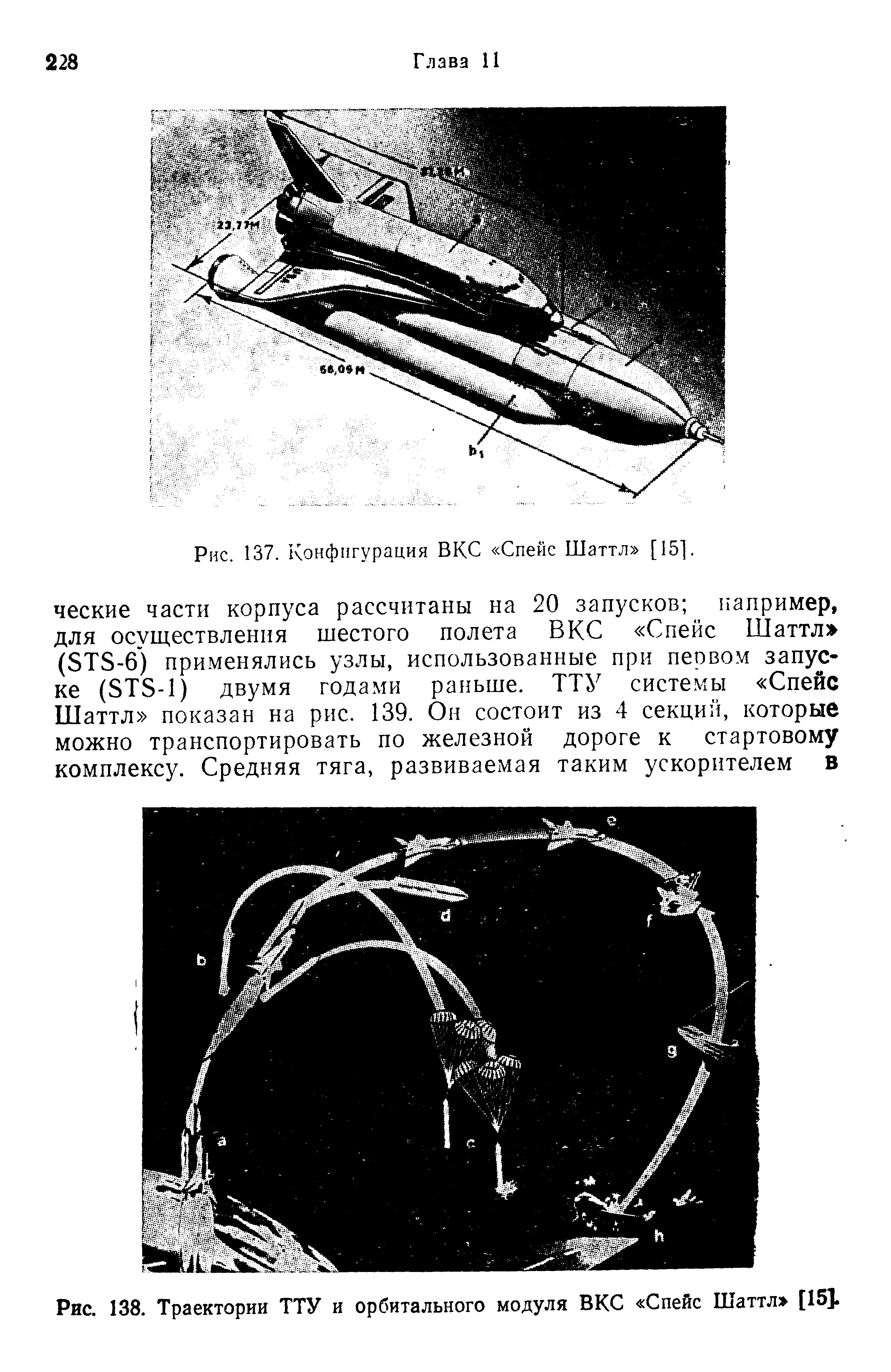 Рис. 138. Траектории ТТУ и орбитального модуля ВКС Спейс Шаттл [15].
