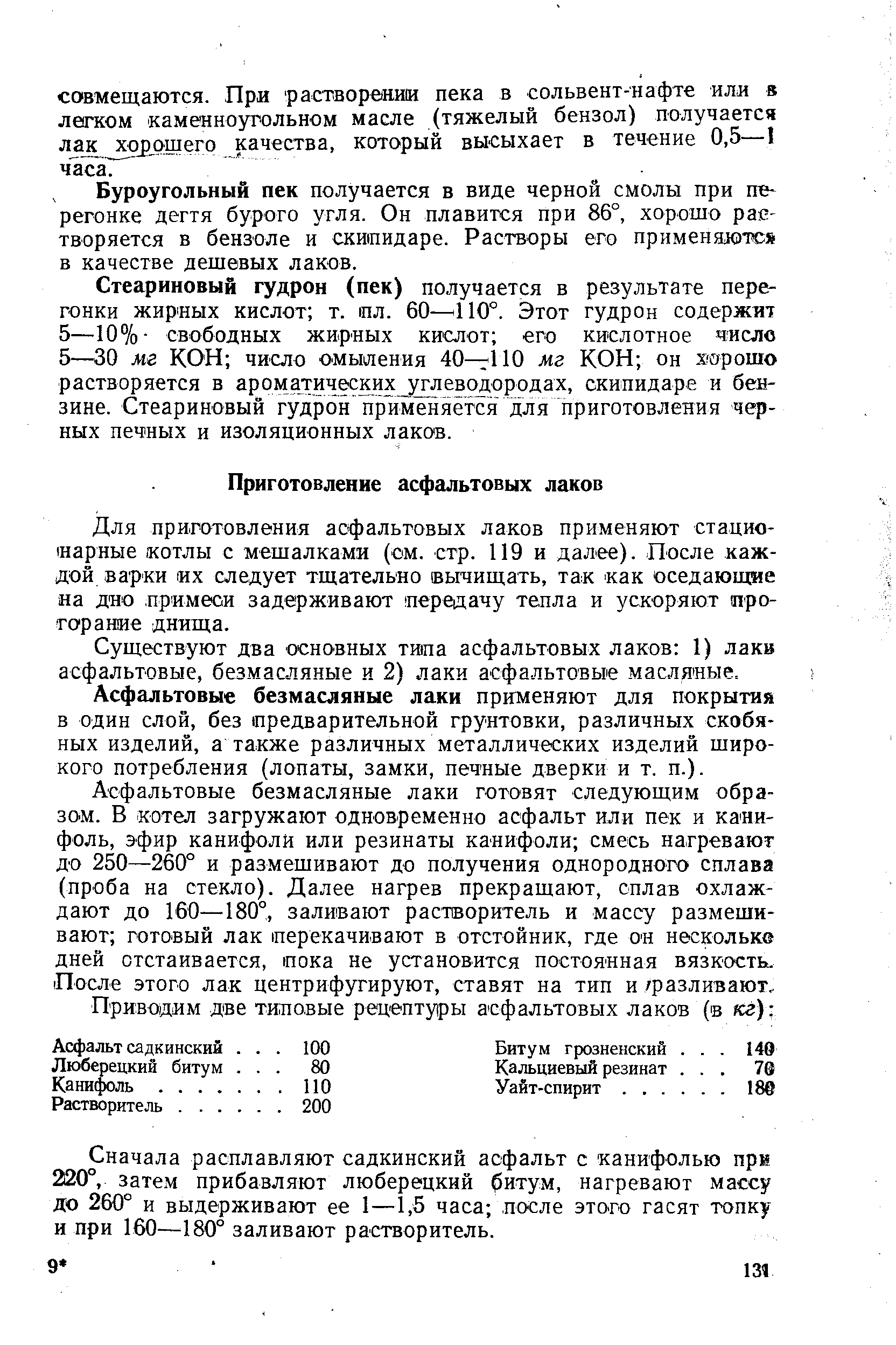 Для приготовления асфальтовых лаков применяют стацио-шарные котлы с мешалками (см. стр. 119 и далее). После каждой варки их следует тщательно вычищать, так как оседающие на дно примеси задерживают передачу тепла и ускоряют прогорание днища.
