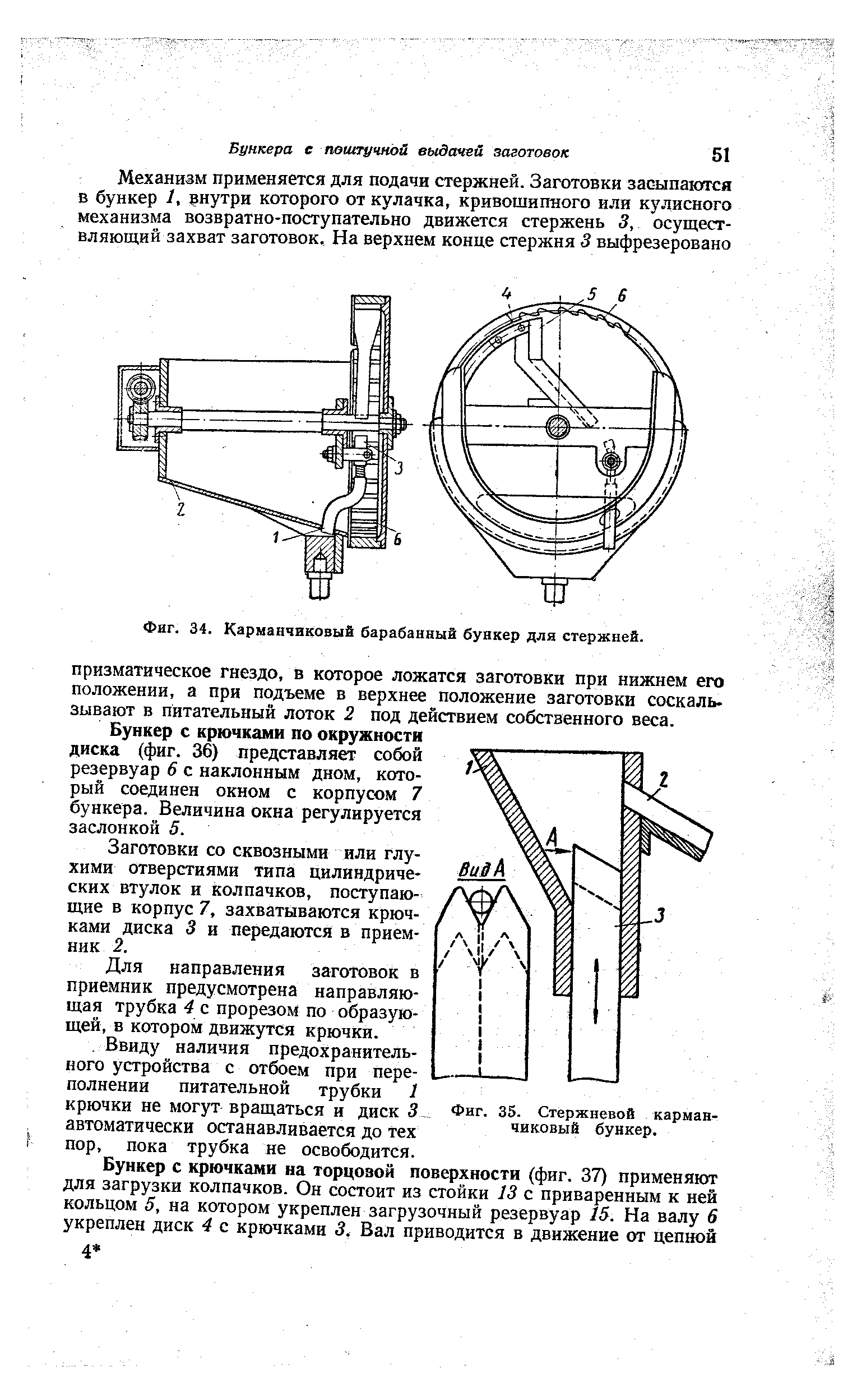 Фиг. 34. Карманчиковый барабанный бункер для стержней.
