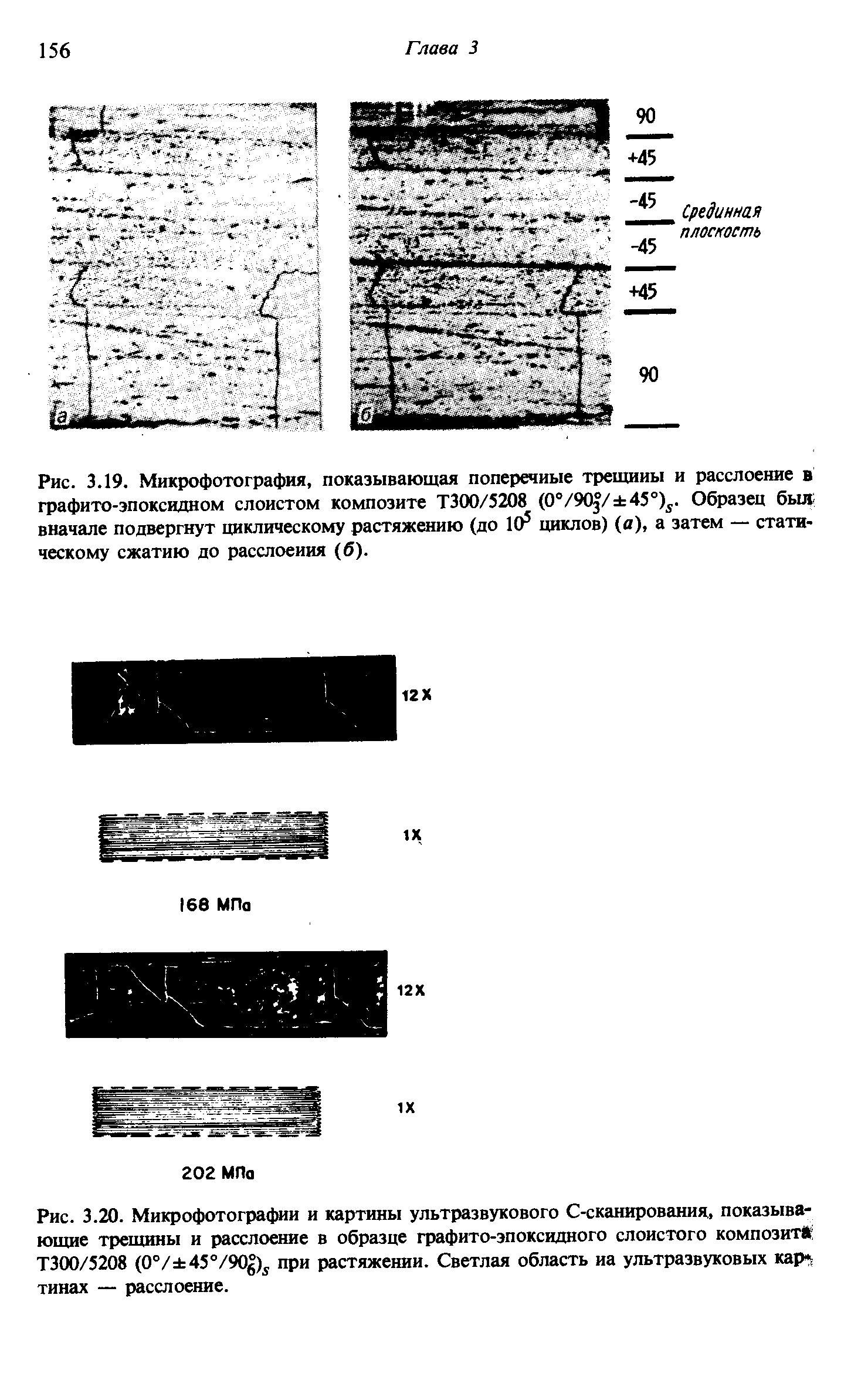 Рис. 3.20. Микрофотографии и картины ультразвукового С-сканированид, показывающие трещины и расслоение в образце графито-эпоксидного <a href="/info/37420">слоистого композит</a> ТЗОО/5208 (0°/ 45°/90 )j при растяжении. Светлая область на ультразвуковых кар тинах — расслоение.
