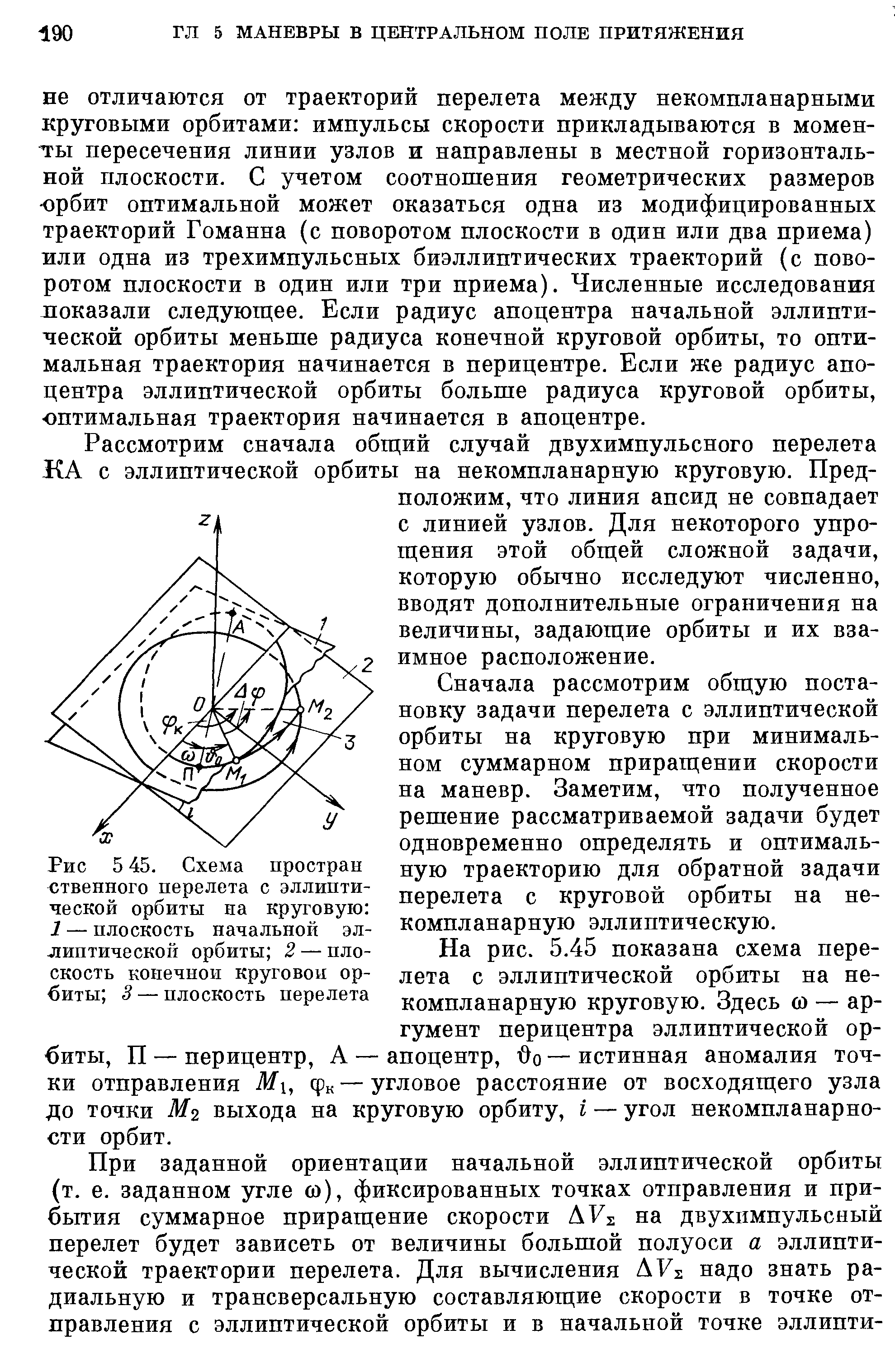 Рассмотрим сначала общий случай двухимпульсного перелета КА с эллиптической орбиты на некомпланарную круговую. Предположим, что линия апсид не совпадает с линией узлов. Для некоторого упрощения этой общей сложной задачи, которую обычно исследуют численно, вводят дополнительные ограничения на величины, задающие орбиты и их взаимное расположение.
