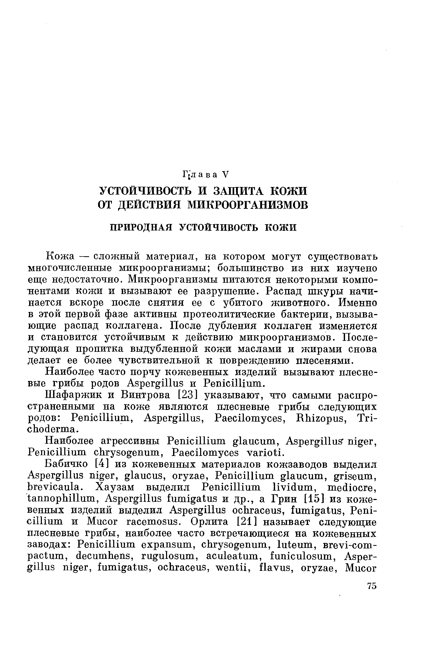 Кожа — сложный материал, на котором могут существовать многочисленные микроорганизмы большинство из них изучено еще недостаточно. Микроорганизмы питаются некоторыми компонентами кожи и вызывают ее разрушение. Распад шкуры начинается вскоре после снятия ее с убитого животного. Именно в этой первой фазе активны протеолитические бактерии, вызывающие распад коллагена. После дубления коллаген изменяется и становится устойчивым к действию микроорганизмов. Последующая пропитка выдубленной кожи маслами и жирами снова делает ее более чувствительной к повреждению плесенями.
