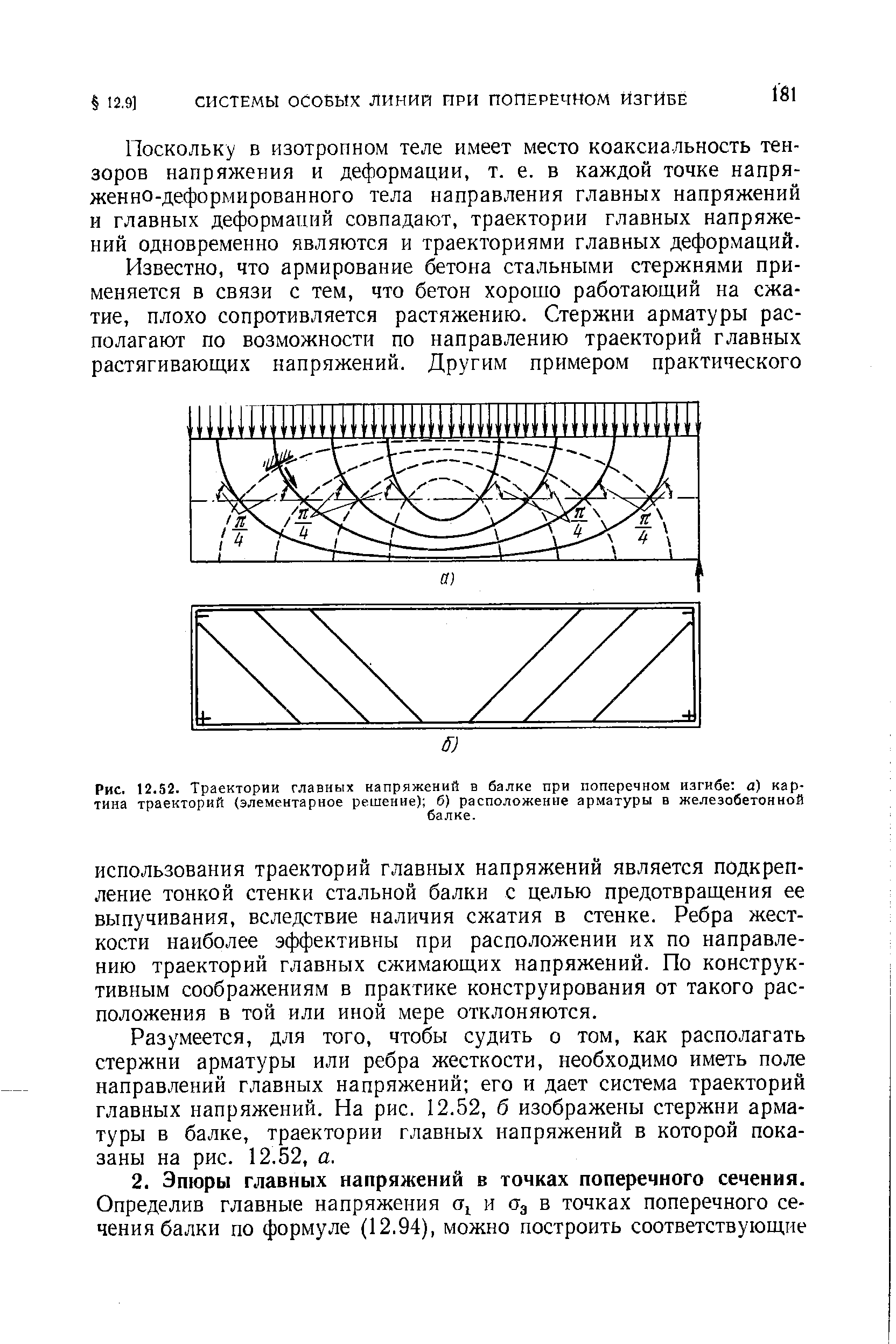 Рис. 12.52. Траектории главных напряжений в балке при <a href="/info/4866">поперечном изгибе</a> а) картина траекторий (<a href="/info/198263">элементарное решение</a>) б) расположение арматуры в железобетонной
