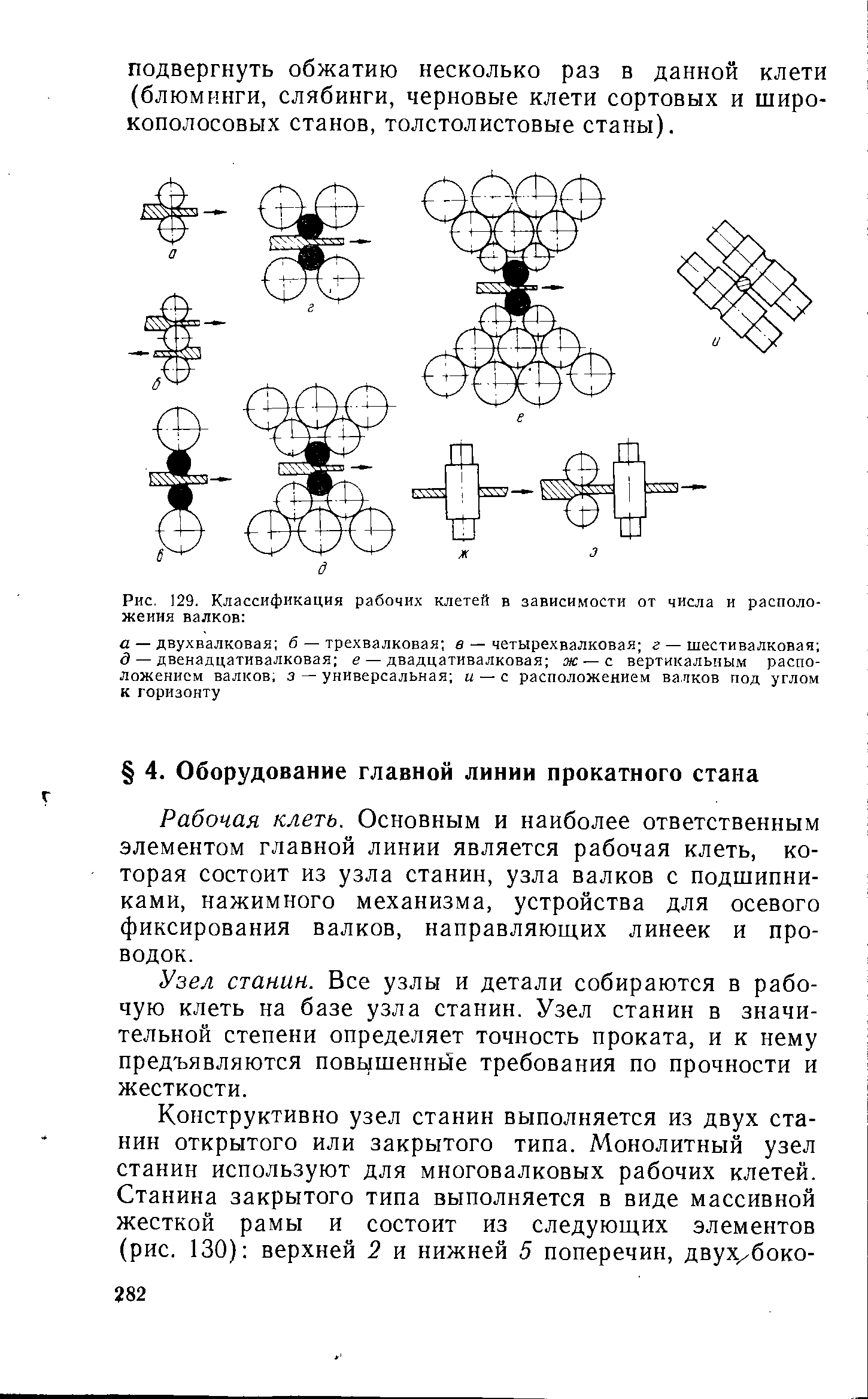 Рабочая клеть. Основным и наиболее ответственным элементом главной линии является рабочая клеть, которая состоит из узла станин, узла валков с подшипниками, нажимного механизма, устройства для осевого фиксирования валков, направляюш,их линеек и проводок.
