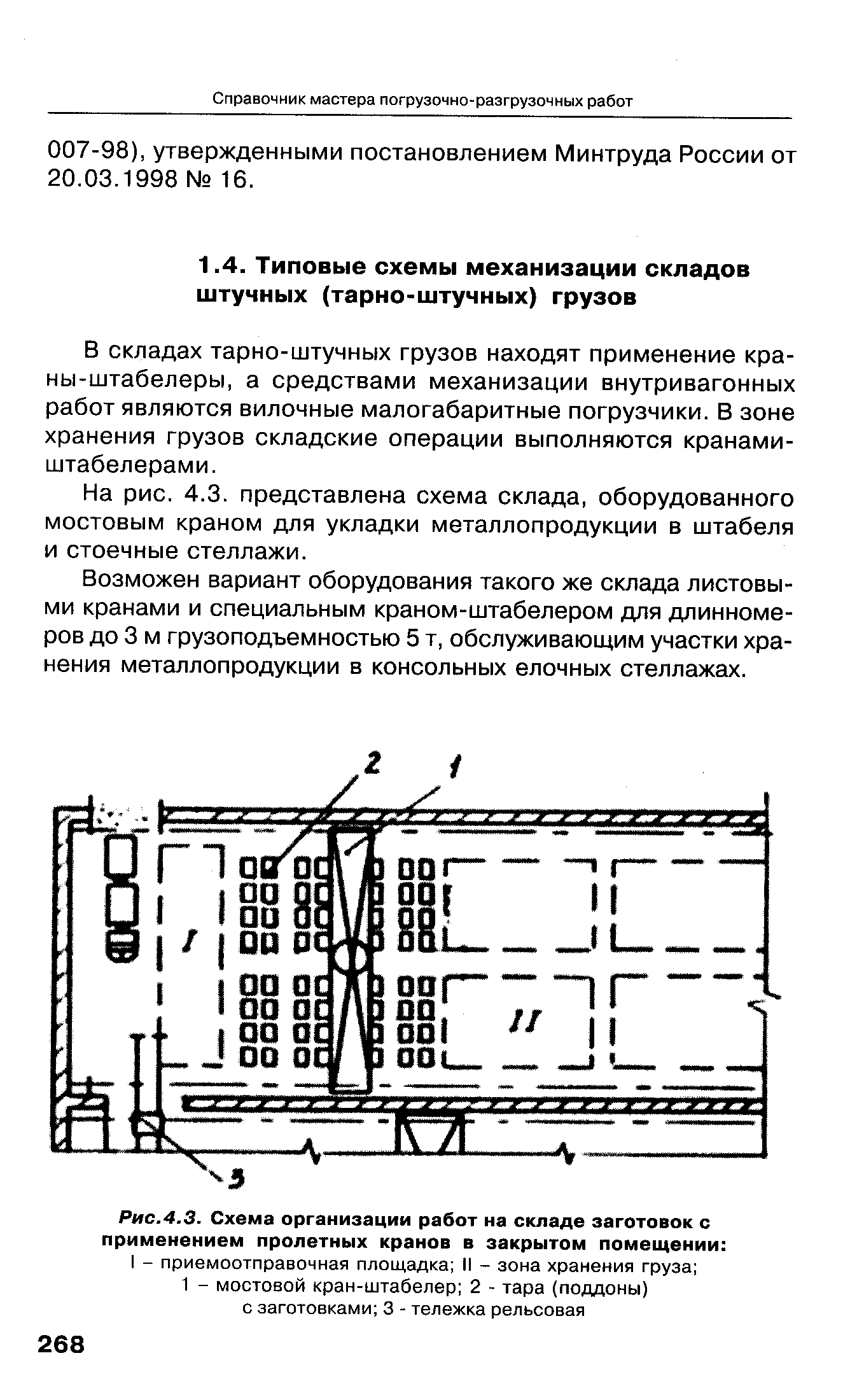 В складах тарно-штучных грузов находят применение краны-штабелеры, а средствами механизации внутривагонных работ являются вилочные малогабаритные погрузчики. В зоне хранения грузов складские операции выполняются кранами-штабелерами.
