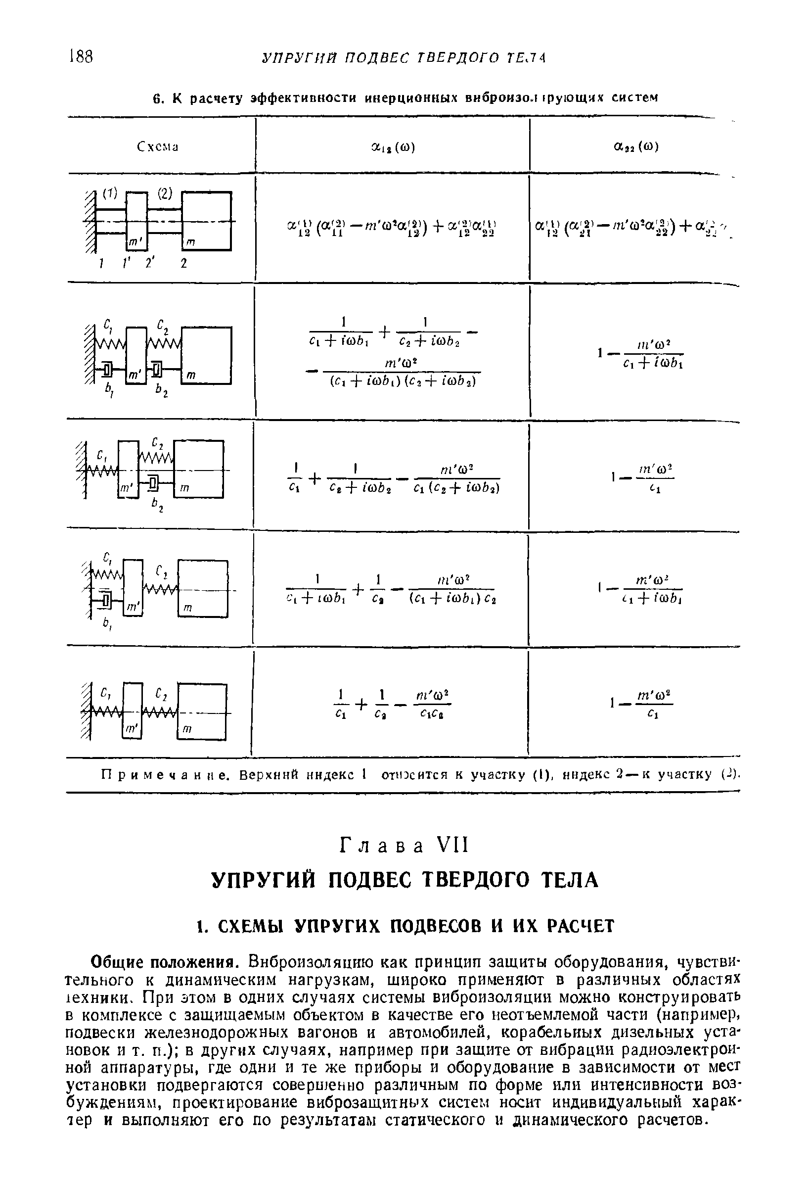 Общие положения. Внброизоляцию как принцип защиты оборудования, чувствительного к динамическим нагрузкам, широко применяют в различных областях 1ехники, При этом в одних случаях системы виброизоляции можно конструировать в комплексе с защищаемым объектом в качестве его неотъемлемой части (например, подвески железнодорожных вагонов и автомобилей, корабельных дизельных установок и т. п.) в других случаях, например при защите от вибрации радиоэлектронной аппаратуры, где одни и те же приборы и оборудование в зависимости от мест установки подвергаются совершенно различным по форме или интенсивности возбуждениям, проектирование виброзащитных систем носит индивидуальный характер и выполняют его по результатам статического и динамического расчетов.
