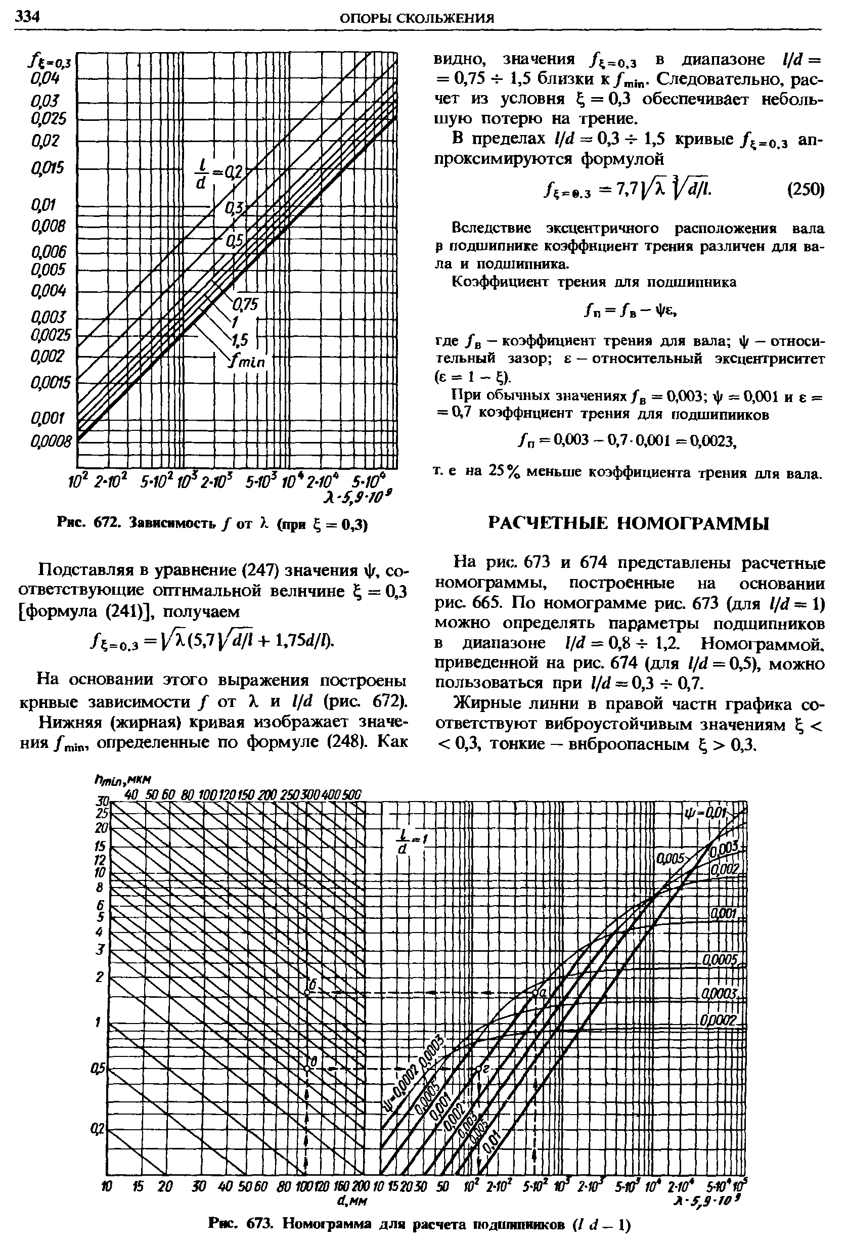 На рис. 673 и 674 представлены расчетные номограммы, построенные на основании рис. 665. По номограмме рис. 673 (для l/d = 1) можно определять параметры подщипников в диапазоне l/d = 0,8 1,2. Номограммой, приведенной на рис. 674 (для l/d = 0,5), можно пользоваться при l/d = 0,3 0,7.
