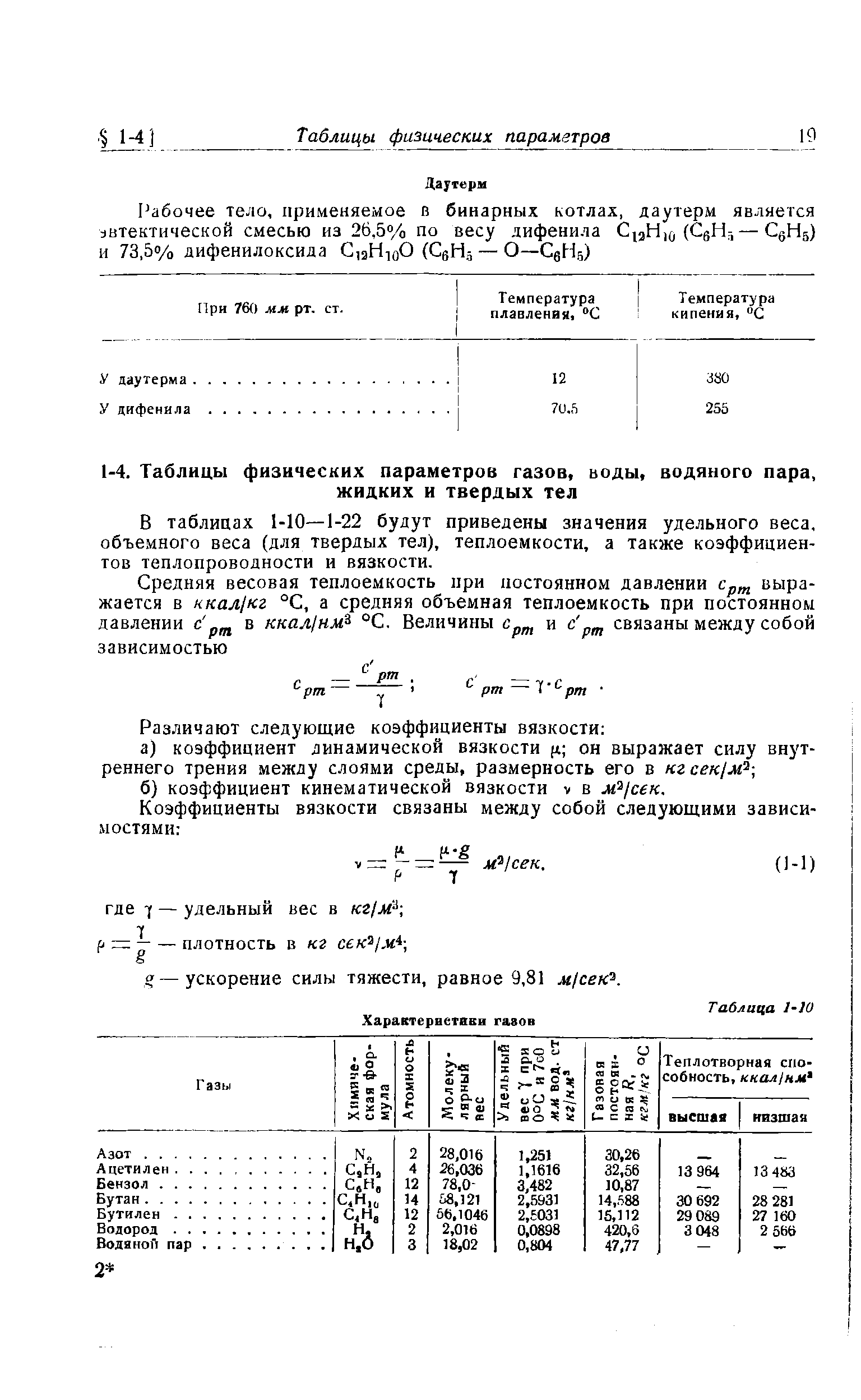 В таблицах 1-10—1-22 будут приведены значения удельного веса, объемного веса (для твердых тел), теплоемкости, а также коэффициентов теплопроводности и вязкости.
