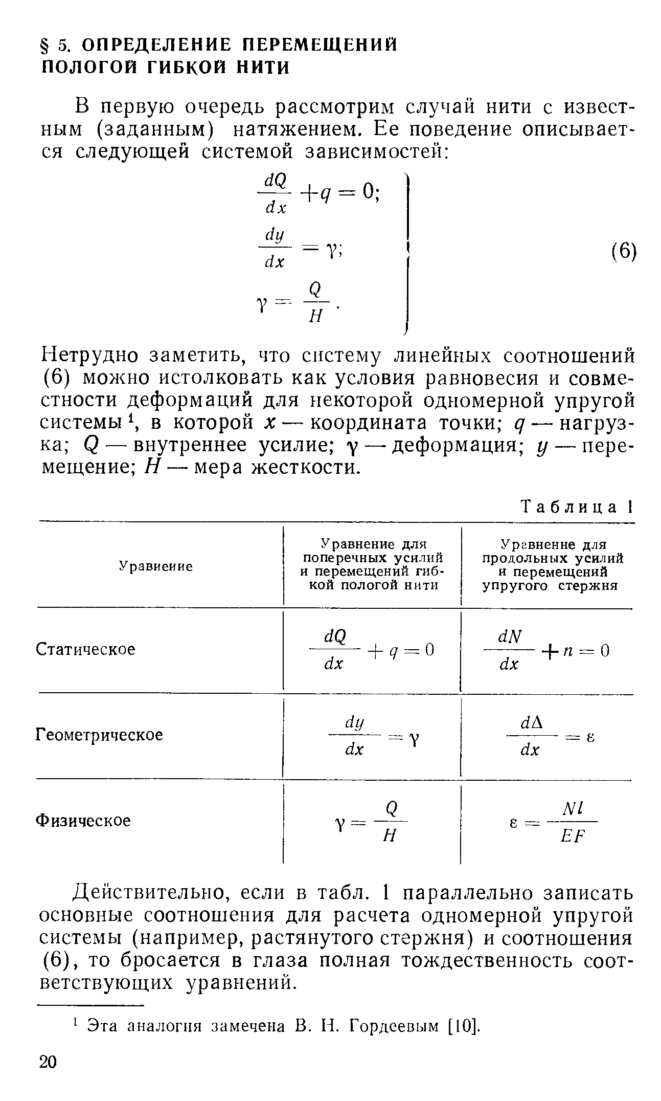 Нетрудно заметить, что систему линейных соотношений (6) можно истолковать как условия равновесия и совместности деформаций для некоторой одномерной упругой системы 1, в которой х — координата точки д — нагрузка Q — внутреннее усилие у — деформация у — перемещение Н — мера жесткости.
