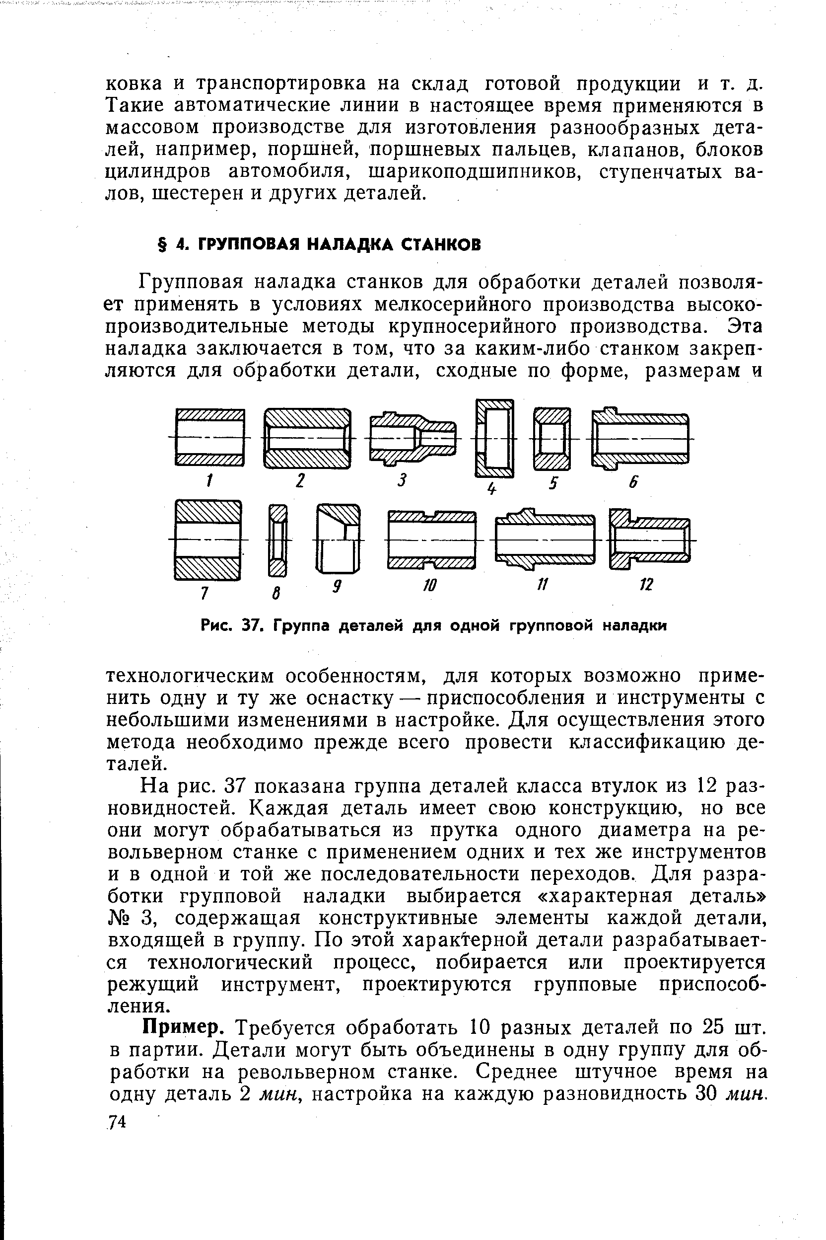 На рис. 37 показана группа деталей класса втулок из 12 разновидностей. Каждая деталь имеет свою конструкцию, но все они могут обрабатываться из прутка одного диаметра на револьверном станке с применением одних и тех же инструментов и в одной и той же последовательности переходов. Для разработки групповой наладки выбирается характерная деталь 3, содержащая конструктивные элементы каждой детали, входящей в группу. По этой характерной детали разрабатывается технологический процесс, побирается или проектируется режущий инструмент, проектируются групповые приспособления.
