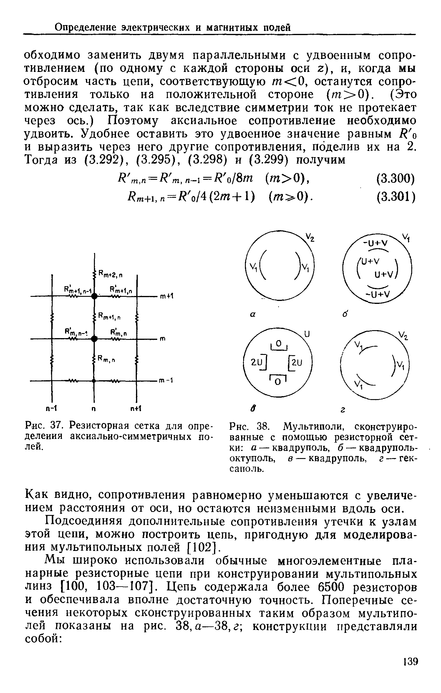 Рис. 37. Резисторная сетка для опре- Рнс. 38. Мультиполи, сконструиро-делеиия аксиально-симметричных по- ванные с помощью резисторной сет-лей. ки а — квадруполь, б — квадруполь-
