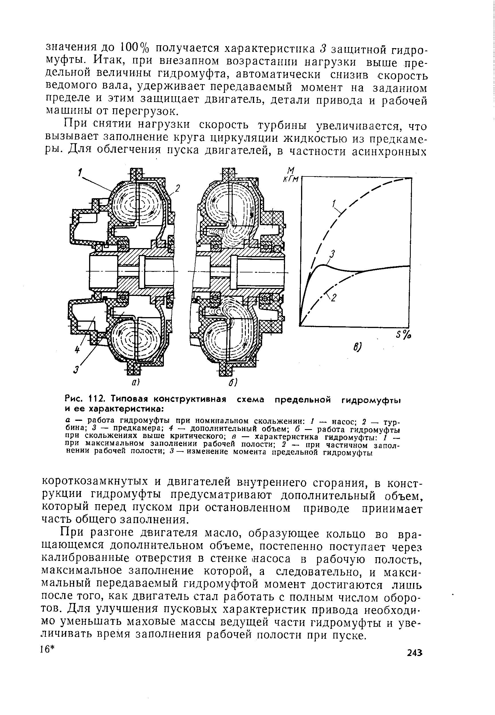 Рис. 112. Типовая конструктивная схема предельной гидромуфтьг и ее характеристика 
