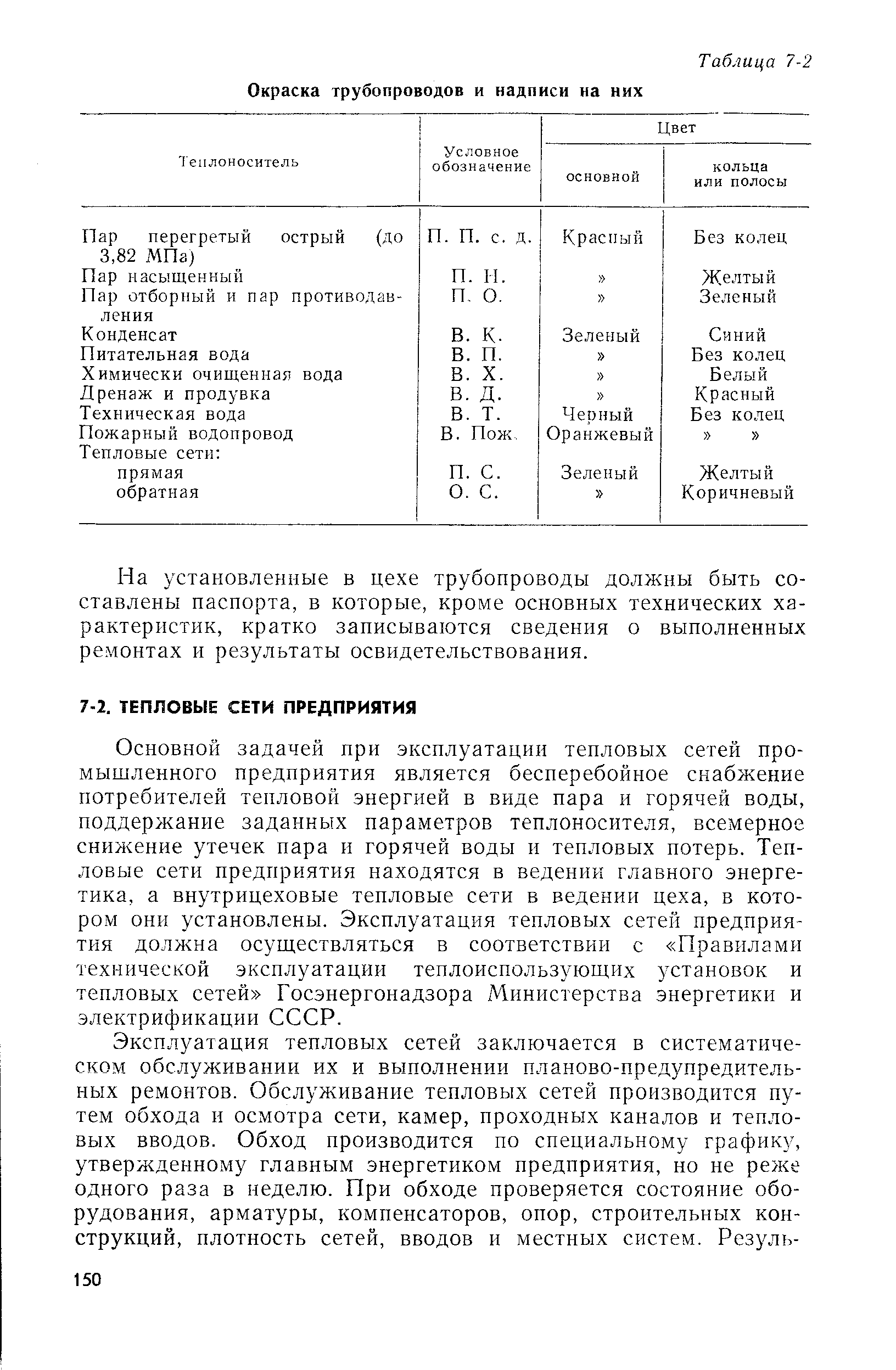 Основной задачей при эксплуатации тепловых сетей промышленного предприятия является бесперебойное снабжение потребителей тепловой энергией в виде пара и горячей воды, поддержание заданных параметров теплоносителя, всемерное снижение утечек пара и горячей воды и тепловых потерь. Тепловые сети предприятия находятся в ведении главного энергетика, а внутрицеховые тепловые сети в ведении цеха, в котором они установлены. Эксплуатация тепловых сетей предприятия должна осушествляться в соответствии с Правилами технической эксплуатации теплоиспользующих установок и тепловых сетей Госэнергонадзора Министерства энергетики и электрификации СССР.
