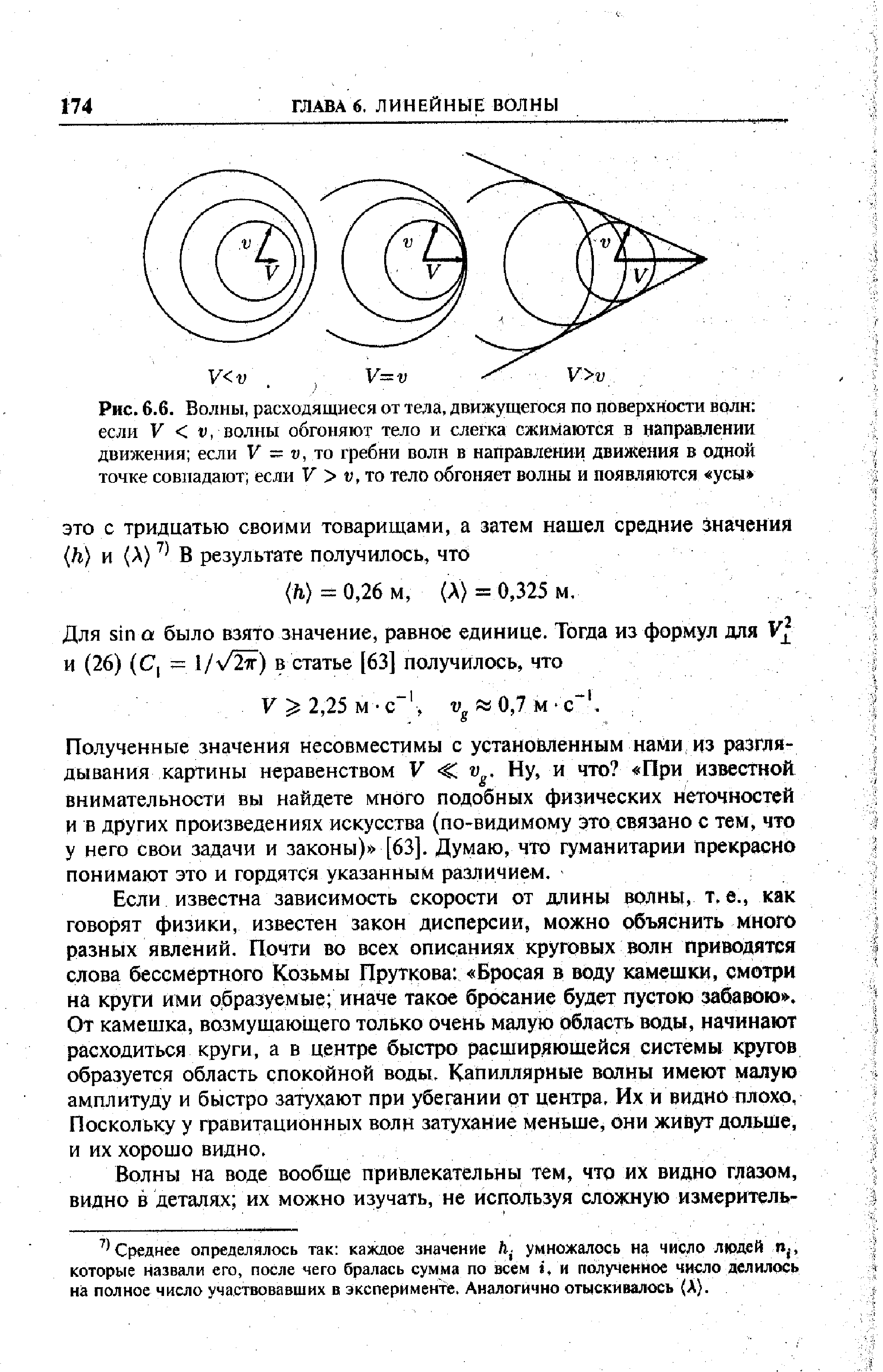 Рис. 6.6. Волны, расходящиеся от тела, движущегося по <a href="/info/202839">поверхности волн</a> если V < V, волны обгоняют тело и слегка сжимаются в <a href="/info/477134">направлении движения</a> если V = и, то гребни волн в <a href="/info/477134">направлении движения</a> в одной <a href="/info/112143">точке совпадают</a> если V > V, то тело обгоняет волны и появляются усы 
