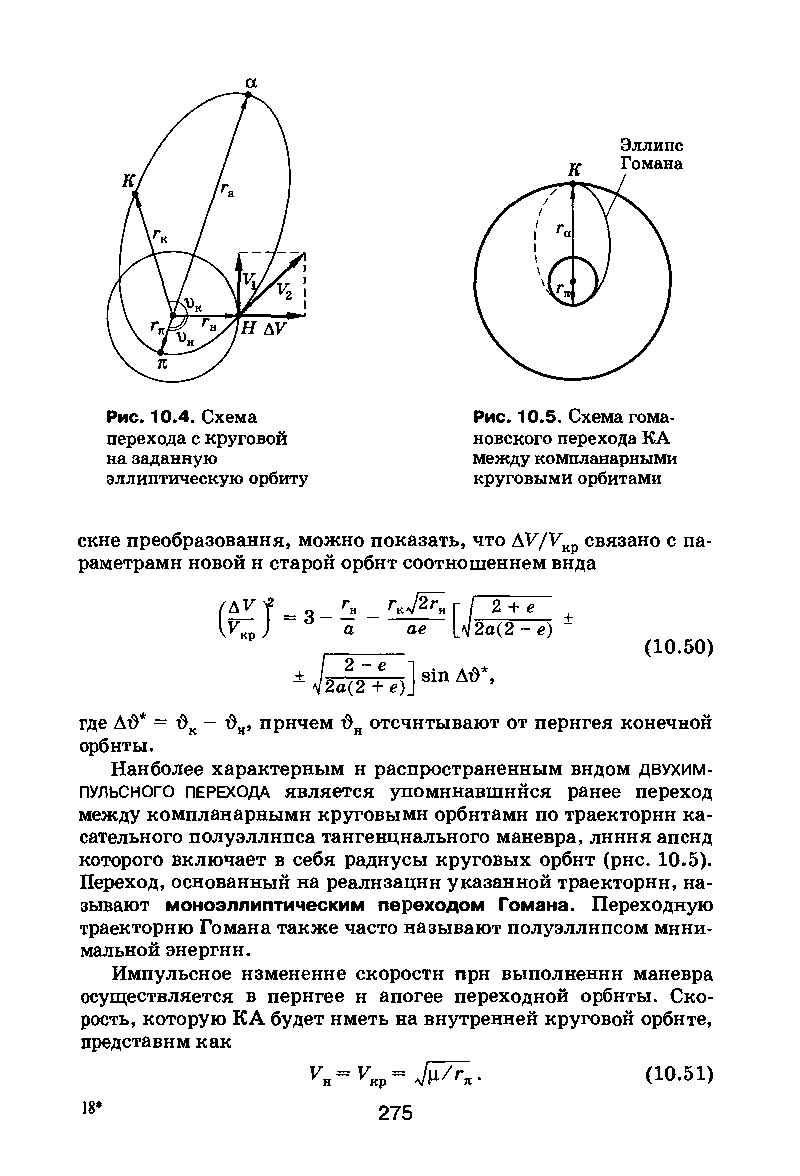 Рис. 10.5. Схема тома-новского перехода КА между компланарными круговыми орбитами
