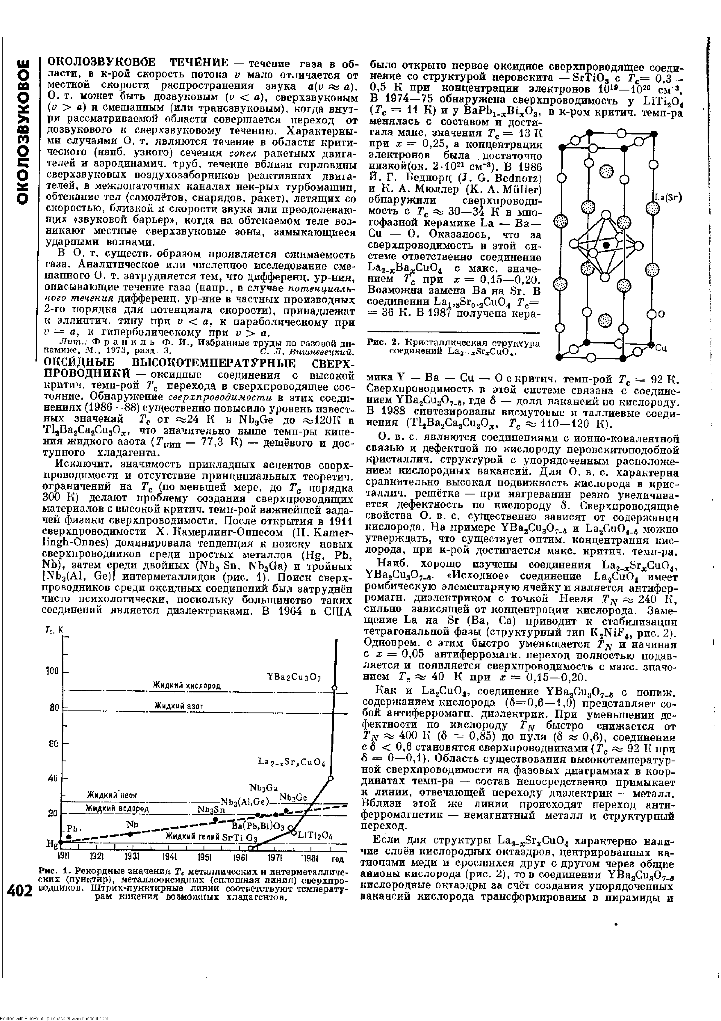 Рис. 1. Рекордные значения Тс. металлических и интерметаллических (пунктир), метаплооксидных (оплошная пиния) сверхпроводников. <a href="/info/232486">Штрих-пунктирные линии</a> соответствуют <a href="/info/12741">температурам кипения</a> возможных хладагентов.
