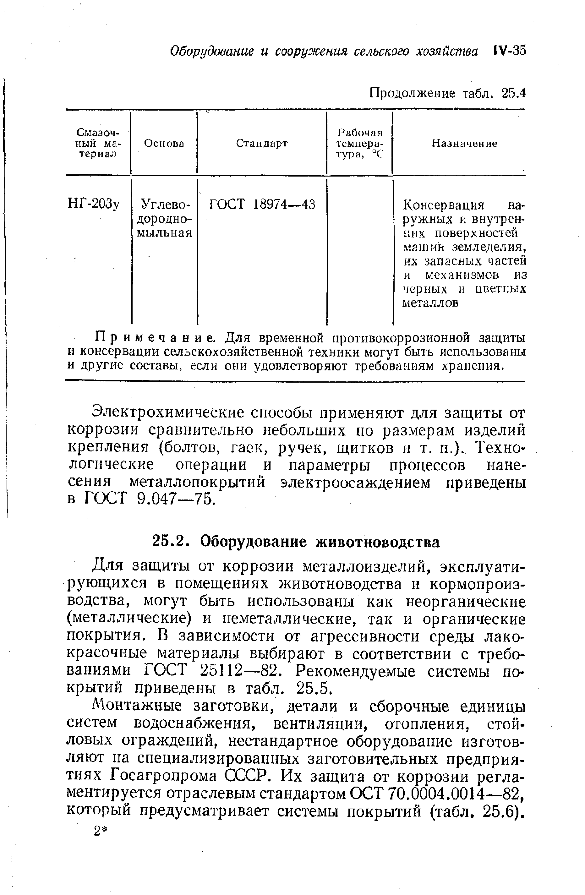 Для защиты от коррозии металлоизделий, эксплуатирующихся в помещениях животноводства и кормопроизводства, могут быть использованы как неорганические (металлические) и неметаллические, так и органические покрытия, В зависимости от агрессивности среды лакокрасочные материалы выбирают в соответствии с требованиями ГОСТ 25112—82. Рекомендуемые системы покрытий приведены в табл. 25.5.
