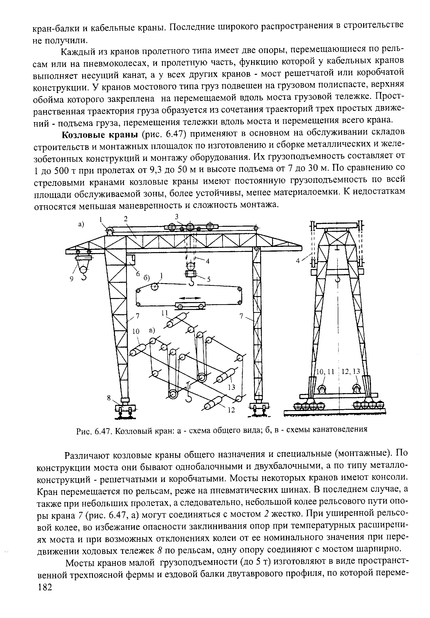 Каждый из кранов пролетного типа имеет две опоры, перемещающиеся по рельсам или на пневмоколесах, и пролетную часть, функцию которой у кабельных кранов выполняет несущий канат, а у всех других кранов - мост решетчатой или коробчатой конструкции. У кранов мостового типа груз подвешен на грузовом полиспасте, верхняя обойма которого закреплена на перемещаемой вдоль моста грузовой тележке. Пространственная траектория груза образуется из сочетания траекторий трех простых движений - подъема груза, перемещения тележки вдоль моста и перемещения всего крана.

