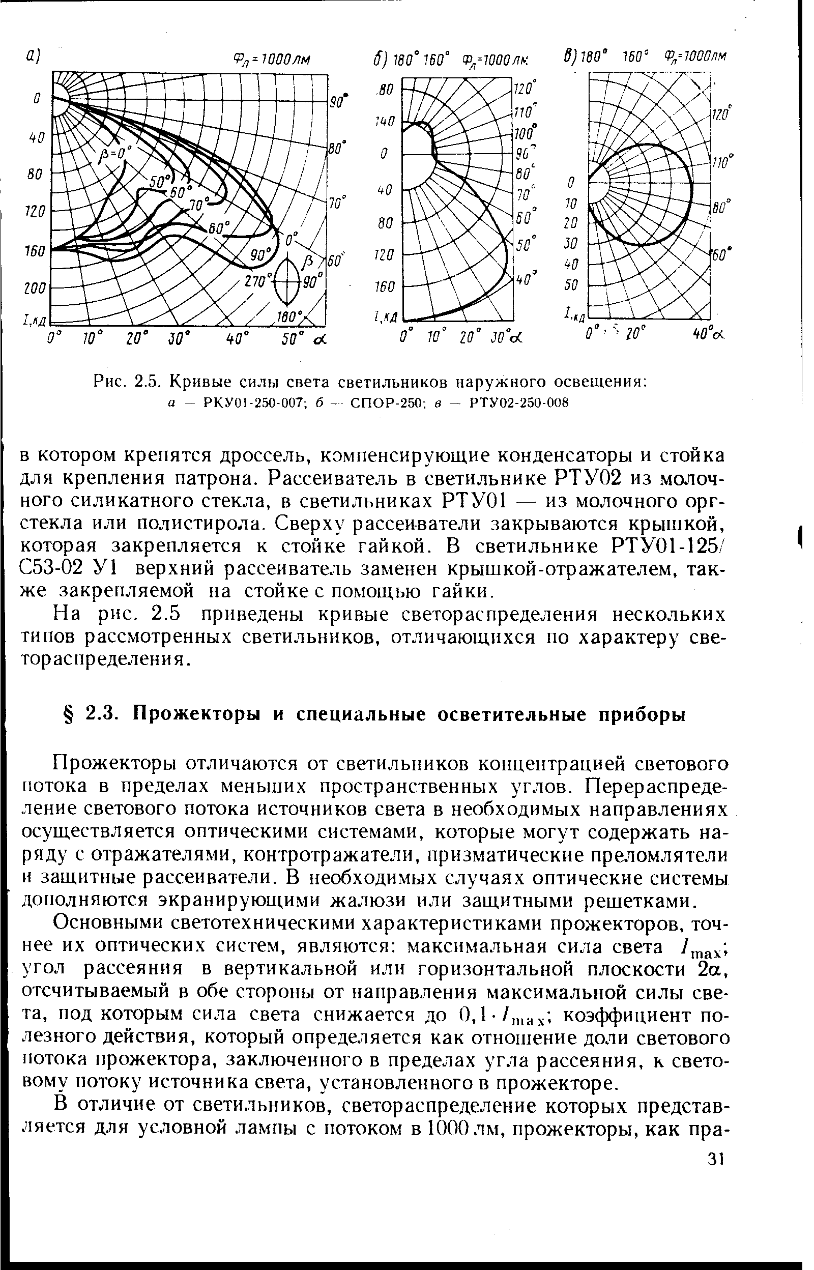 Основными светотехническими характеристиками прожекторов, точнее их оптических систем, являются максимальная сила света /щах, угол рассеяния в вертикальной или горизонтальной плоскости 2а, отсчитываемый в обе стороны от направления максимальной силы света, под которым сила света снижается до 0,1-/ ,ах коэффициент полезного действия, который определяется как отношение доли светового потока прожектора, заключенного в пределах угла рассеяния, к световому потоку источника света, установленного в прожекторе.
