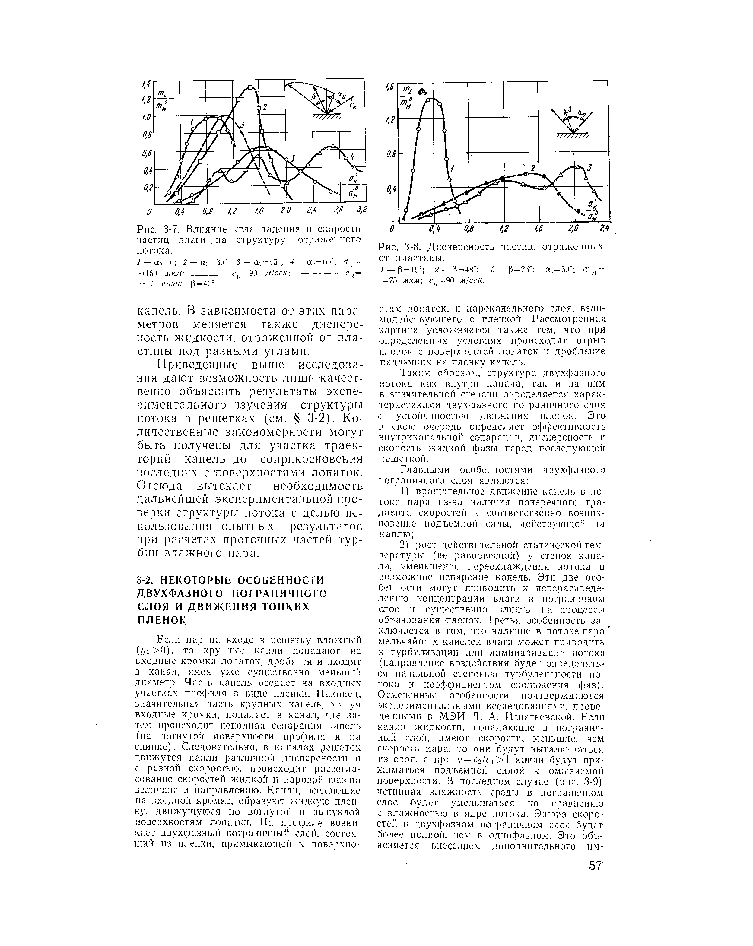 Таким образом, структура двухфазного потока как внутри канала, так и за ним в значительной стеисни определяется характеристиками двухфазного пограничного слоя. и устойчивостью движения пленок. Это в свою очередь определяет эффективность виутриканальной сепарации, дисперсность и скорость жидкой фазы перед последующей решеткой.
